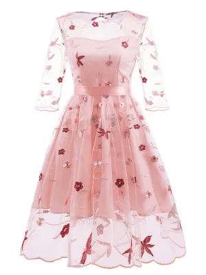 Round Collar Solid Color Embroidered Flower A line Vintage Dress