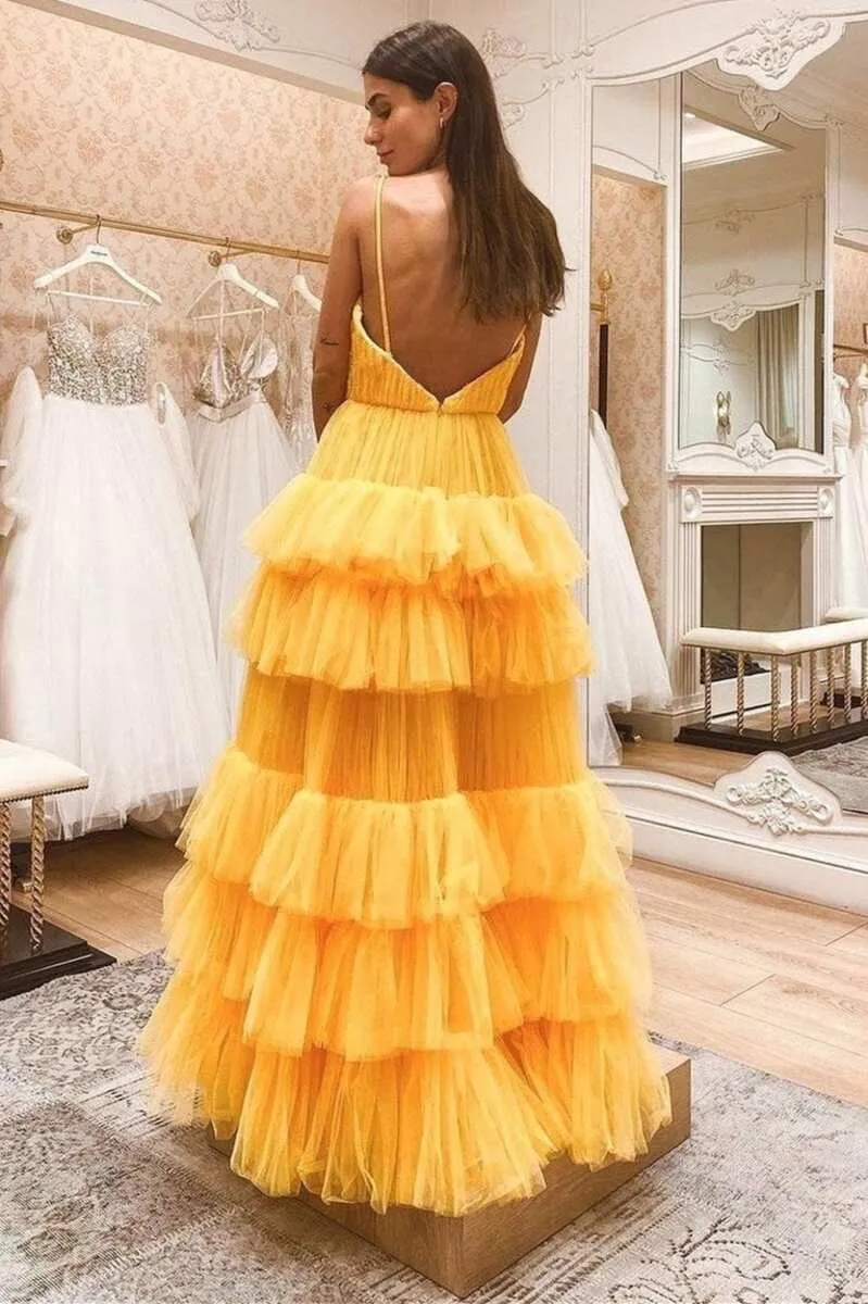 Roycebridal Princess Tiered Yellow Tulle Straps Backless Long Prom Dress