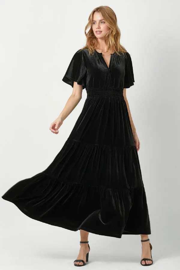 Ruffle Sleeve Velvet Maxi Dress