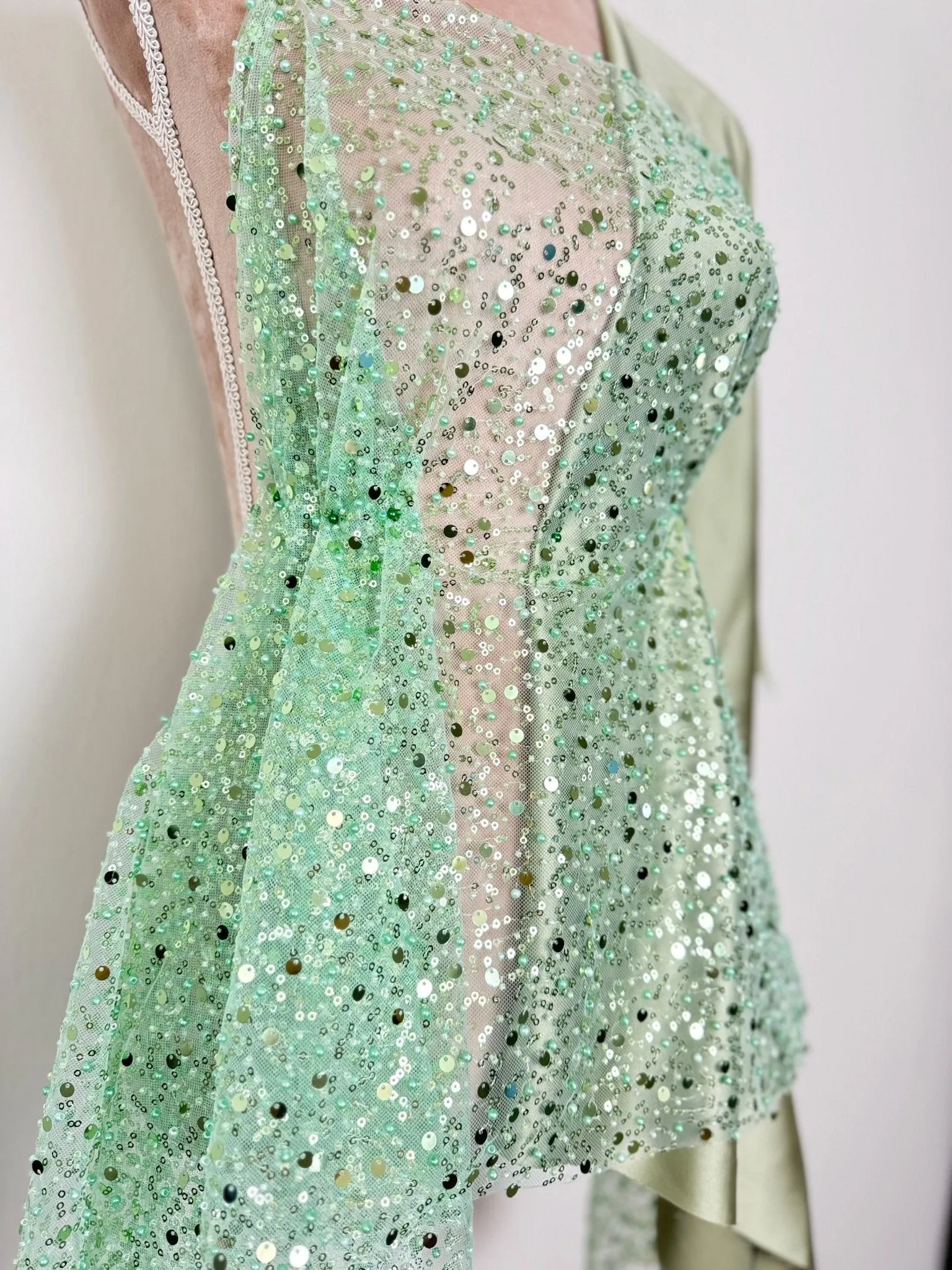 Sage Green Beaded Lace Fabric by Yard | Embroidered with Pearls & Sequins Mesh | Bridal Dresses, Gowns, Veils, Table Decor