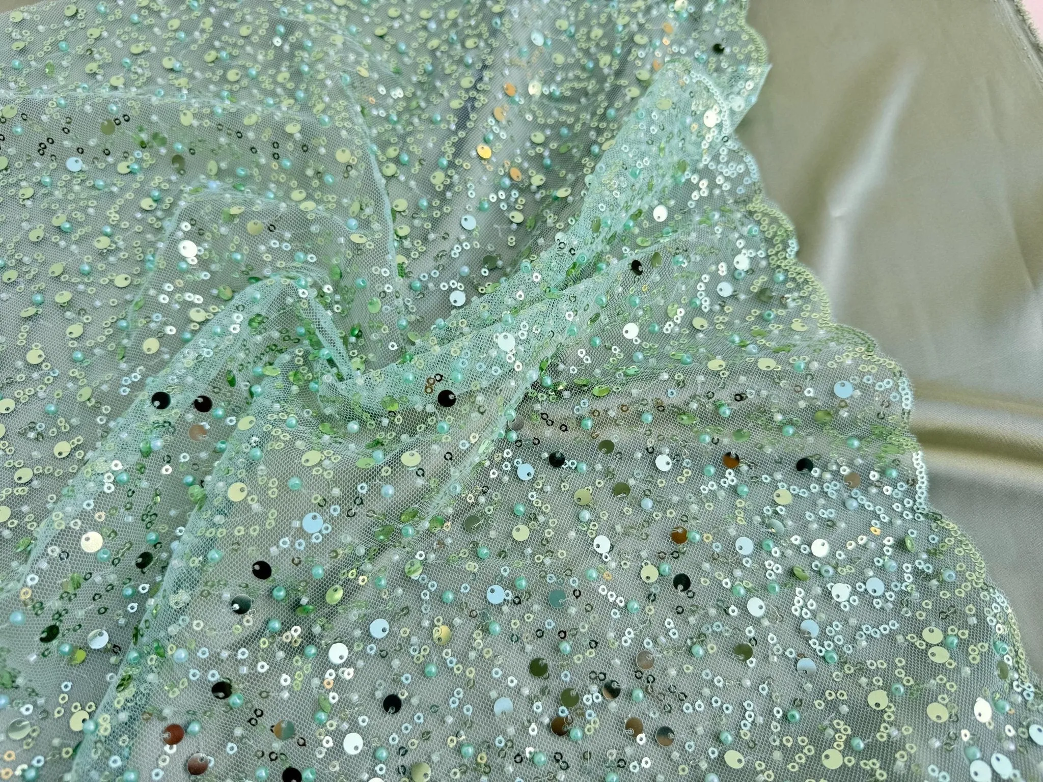 Sage Green Beaded Lace Fabric by Yard | Embroidered with Pearls & Sequins Mesh | Bridal Dresses, Gowns, Veils, Table Decor