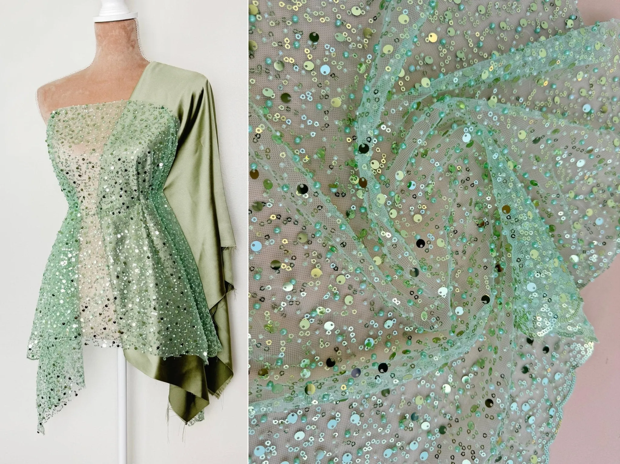 Sage Green Beaded Lace Fabric by Yard | Embroidered with Pearls & Sequins Mesh | Bridal Dresses, Gowns, Veils, Table Decor
