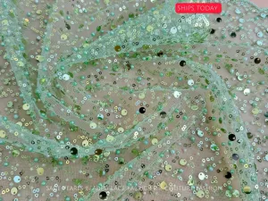 Sage Green Beaded Lace Fabric by Yard | Embroidered with Pearls & Sequins Mesh | Bridal Dresses, Gowns, Veils, Table Decor