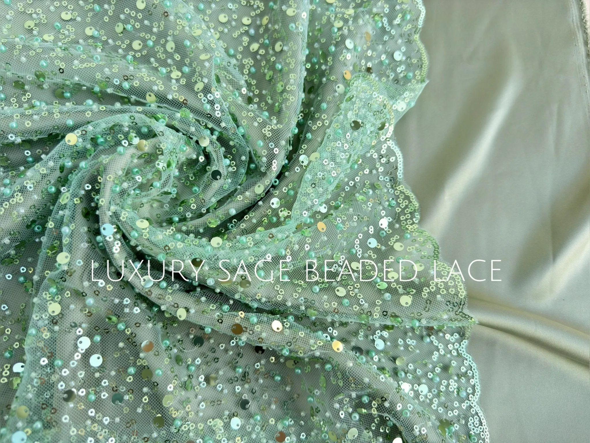 Sage Green Beaded Lace Fabric by Yard | Embroidered with Pearls & Sequins Mesh | Bridal Dresses, Gowns, Veils, Table Decor