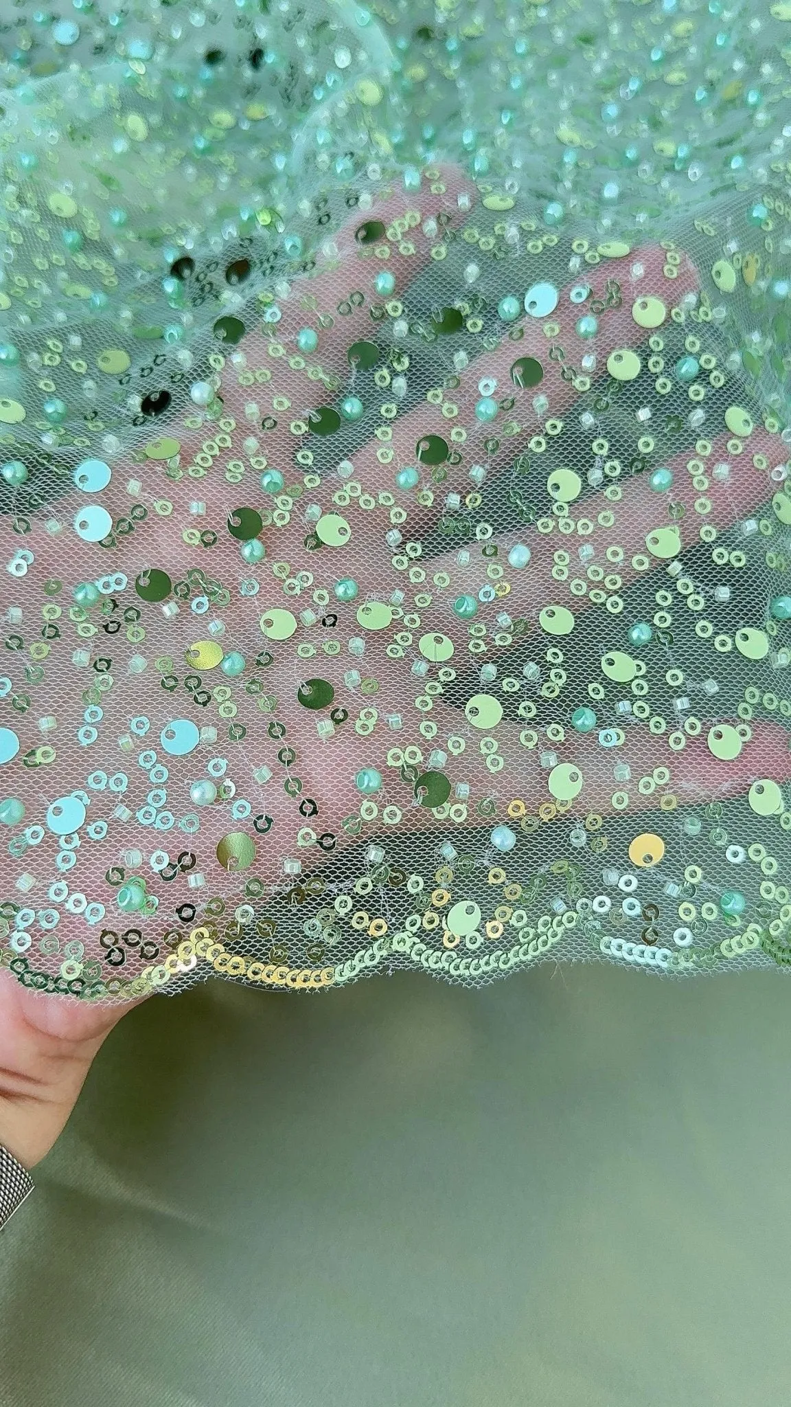 Sage Green Beaded Lace Fabric by Yard | Embroidered with Pearls & Sequins Mesh | Bridal Dresses, Gowns, Veils, Table Decor