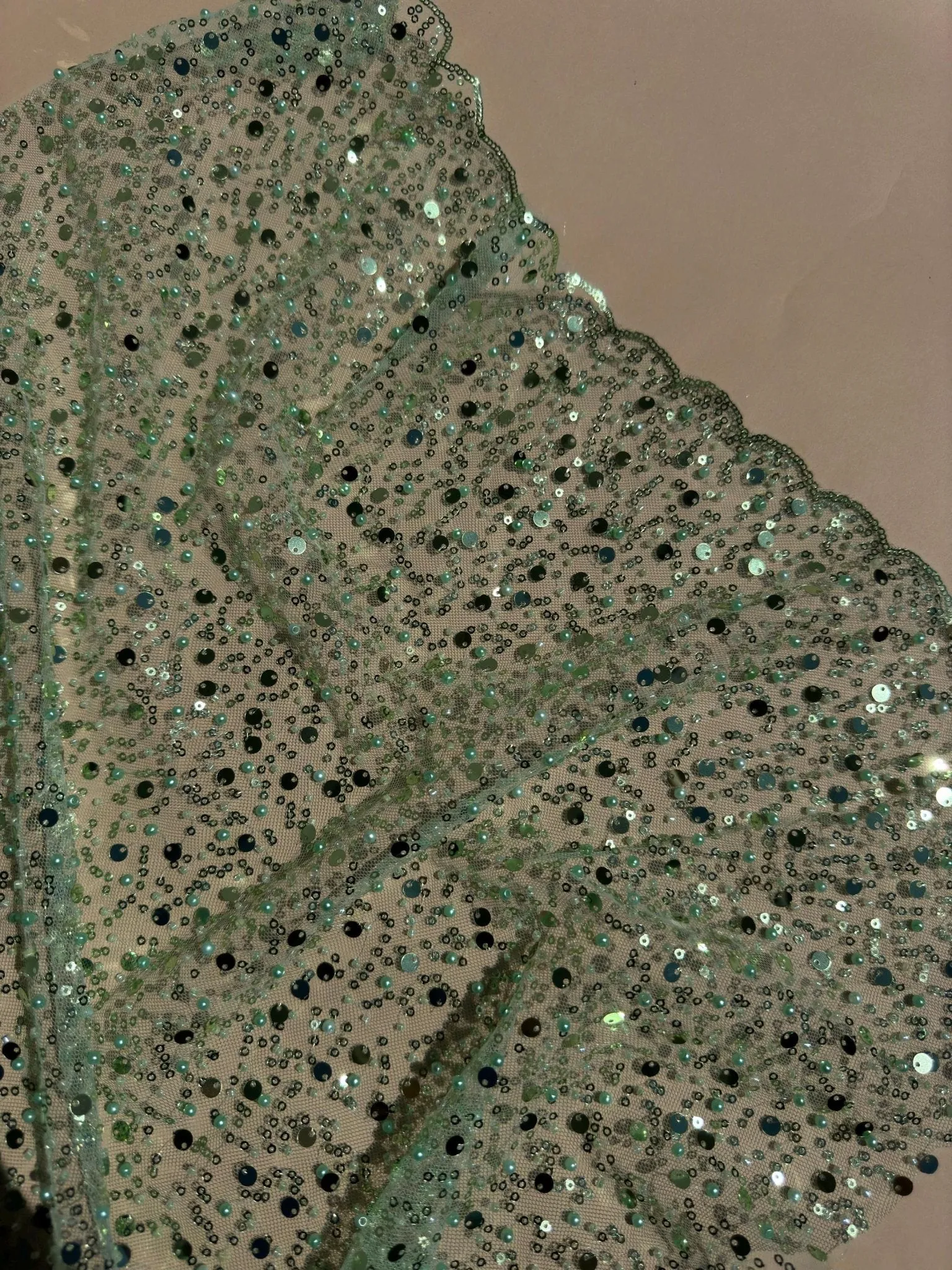 Sage Green Beaded Lace Fabric by Yard | Embroidered with Pearls & Sequins Mesh | Bridal Dresses, Gowns, Veils, Table Decor