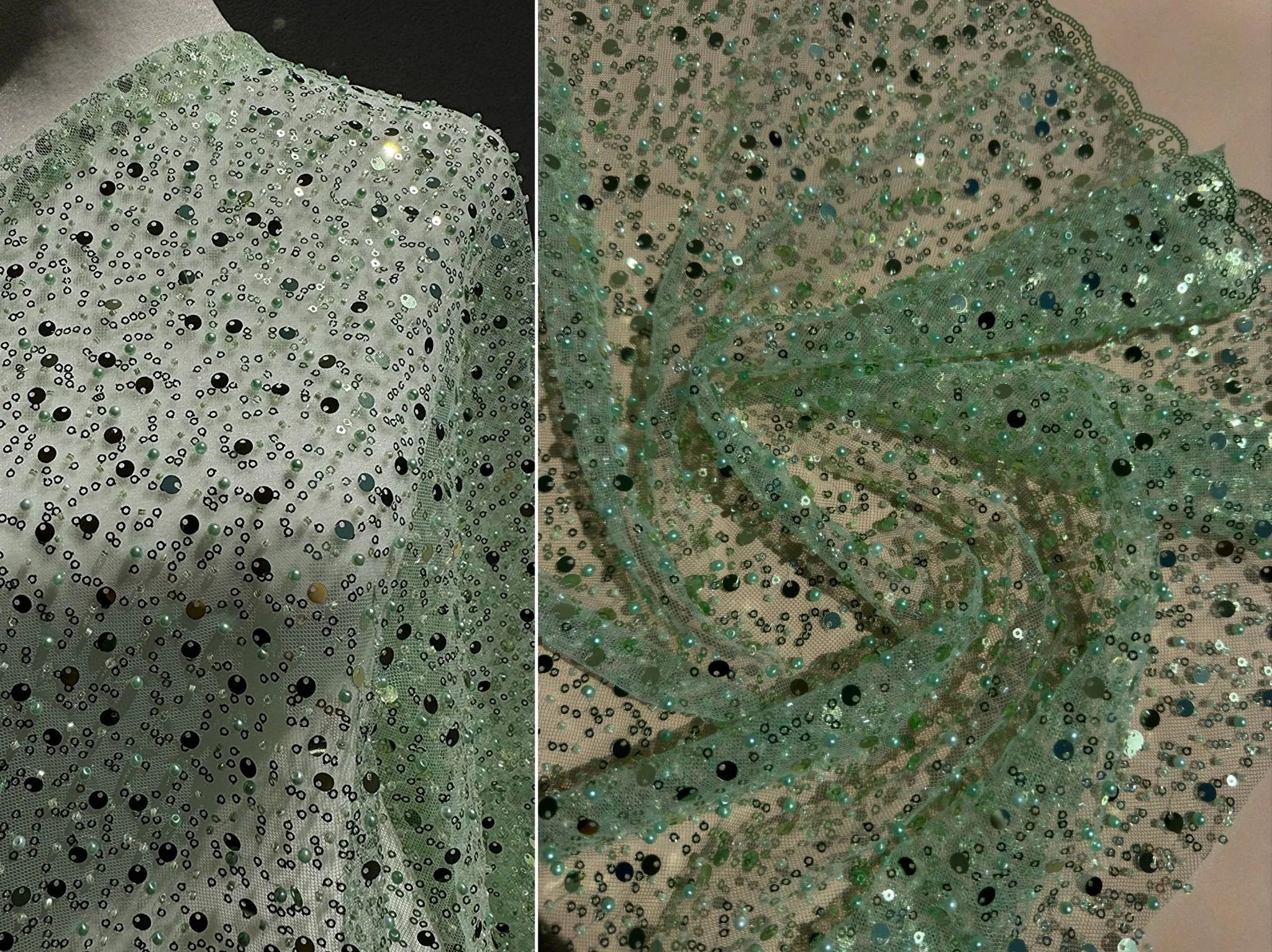 Sage Green Beaded Lace Fabric by Yard | Embroidered with Pearls & Sequins Mesh | Bridal Dresses, Gowns, Veils, Table Decor