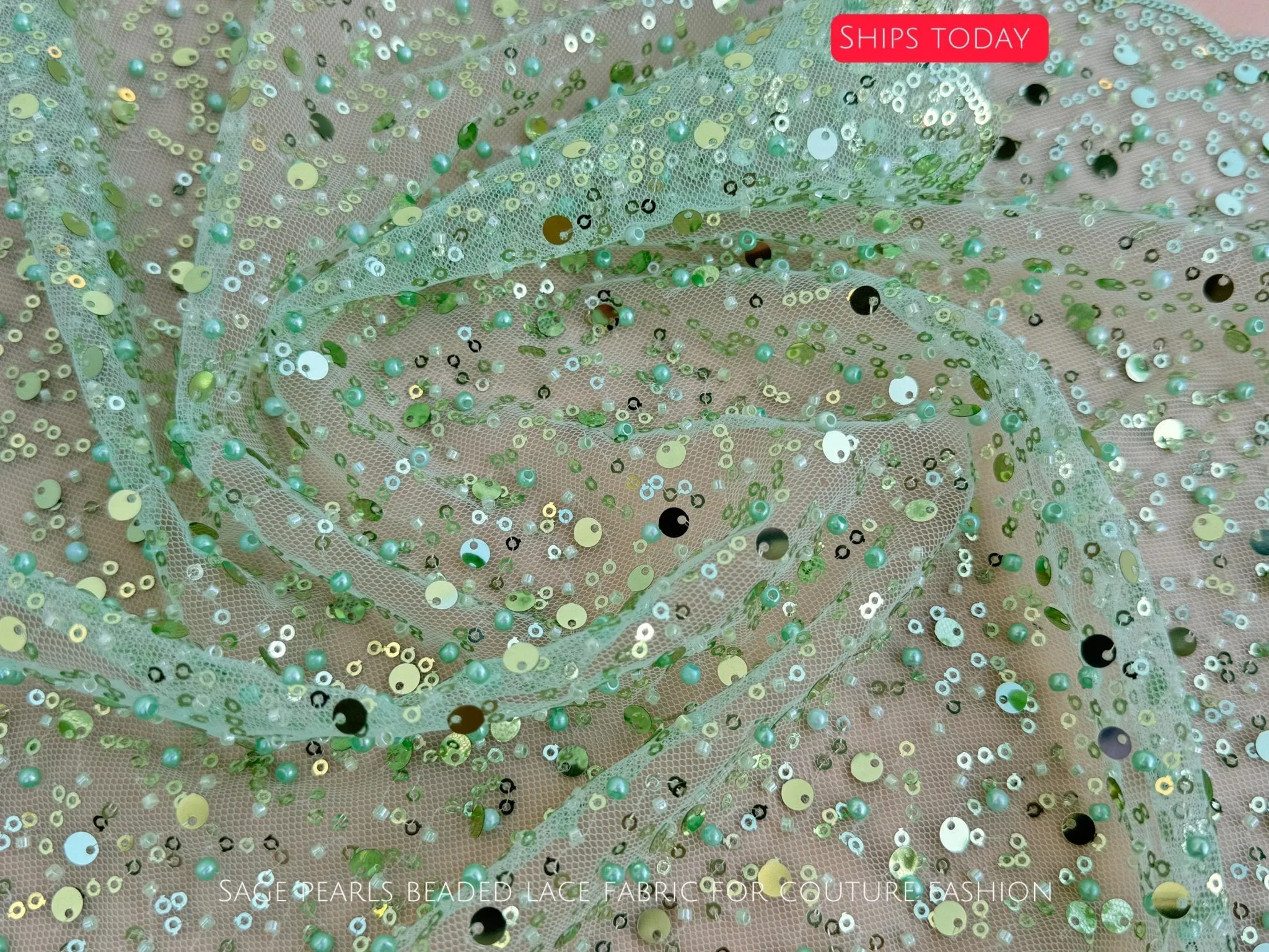 Sage Green Beaded Lace Fabric by Yard | Embroidered with Pearls & Sequins Mesh | Bridal Dresses, Gowns, Veils, Table Decor