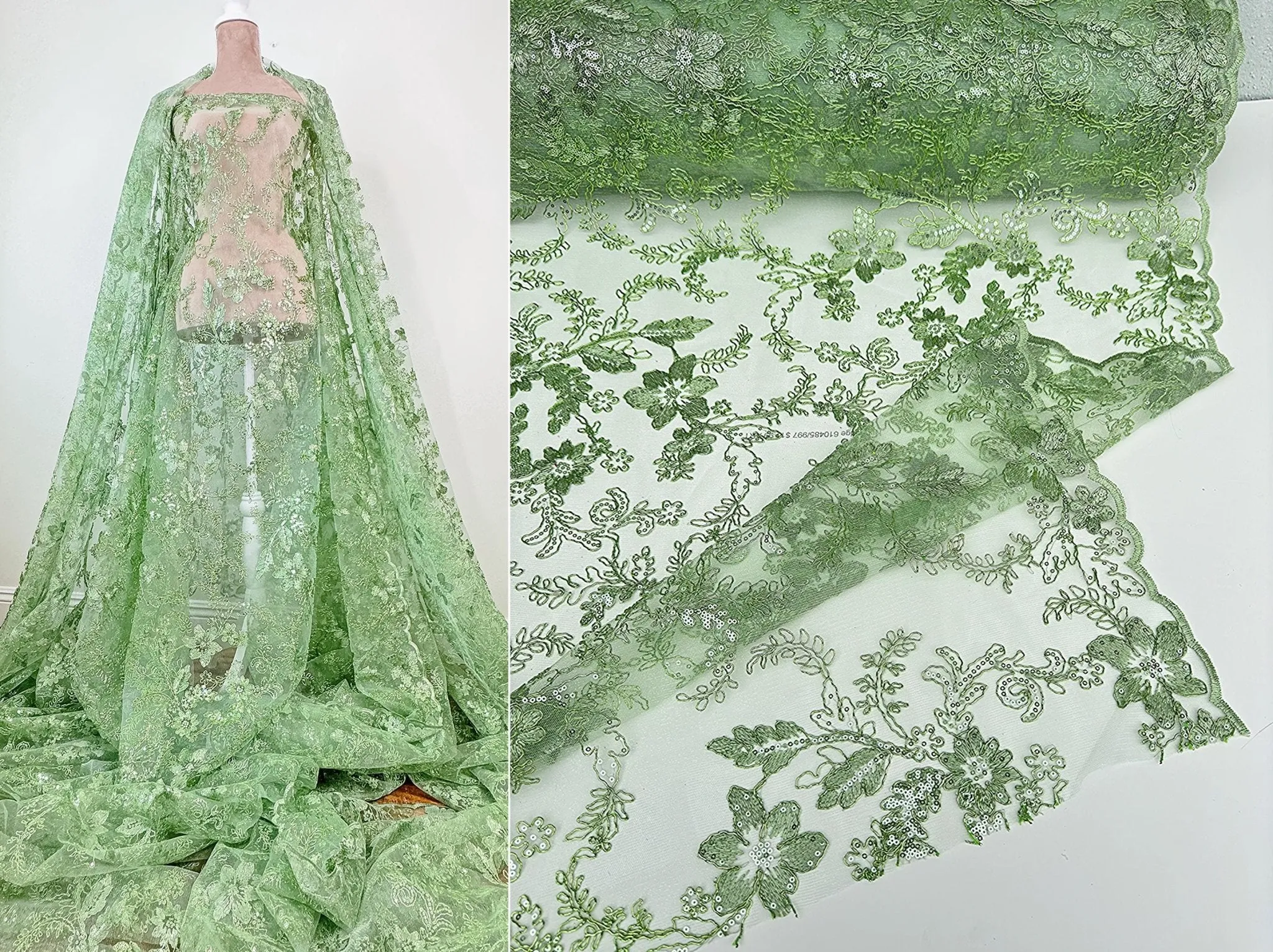 Sage Green Floral Lace Fabric by yard Embroidery Corded With Sequins Fabric Non Stretch Sequined Embroidered On Lace Bridal Wedding Gowns