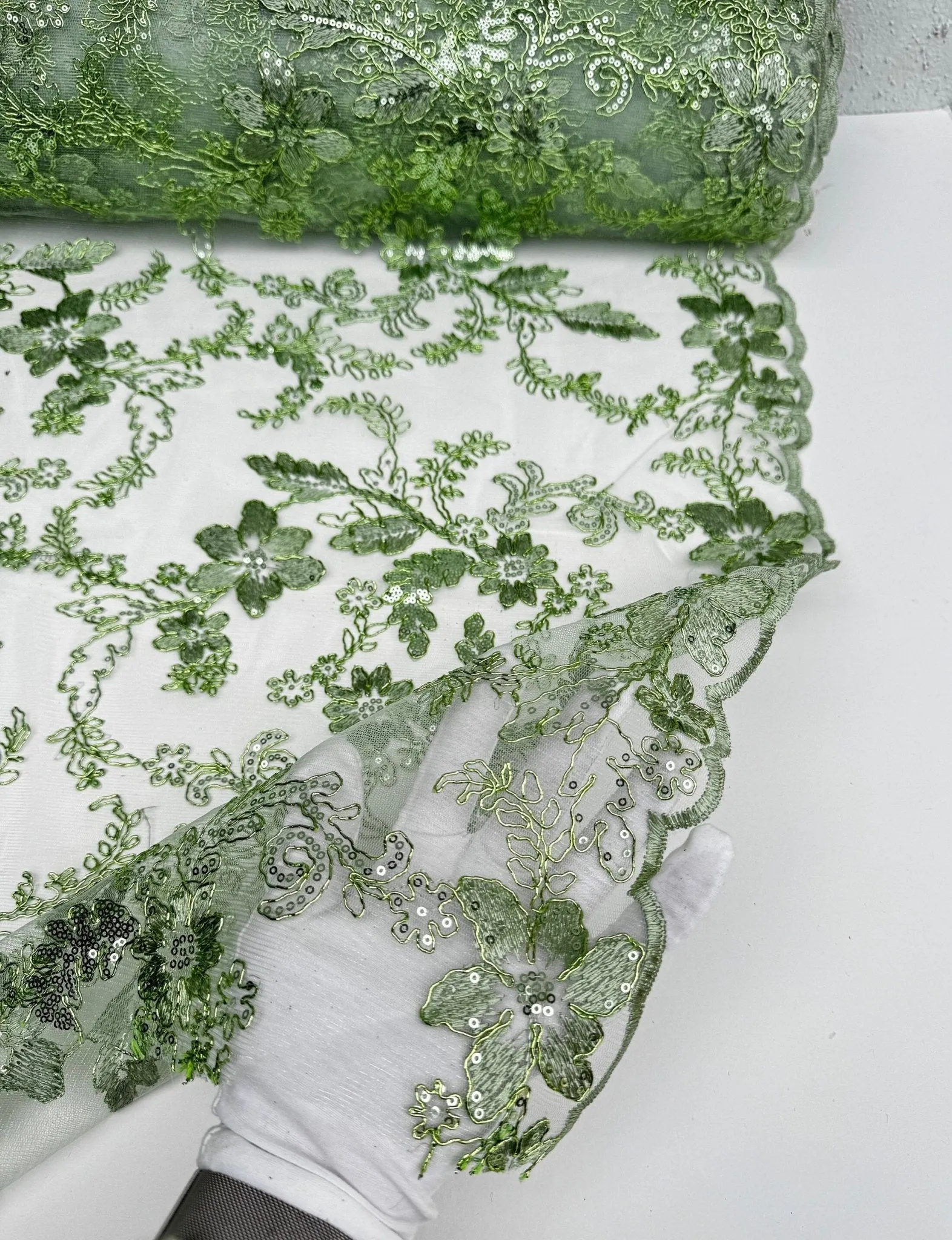Sage Green Floral Lace Fabric by yard Embroidery Corded With Sequins Fabric Non Stretch Sequined Embroidered On Lace Bridal Wedding Gowns