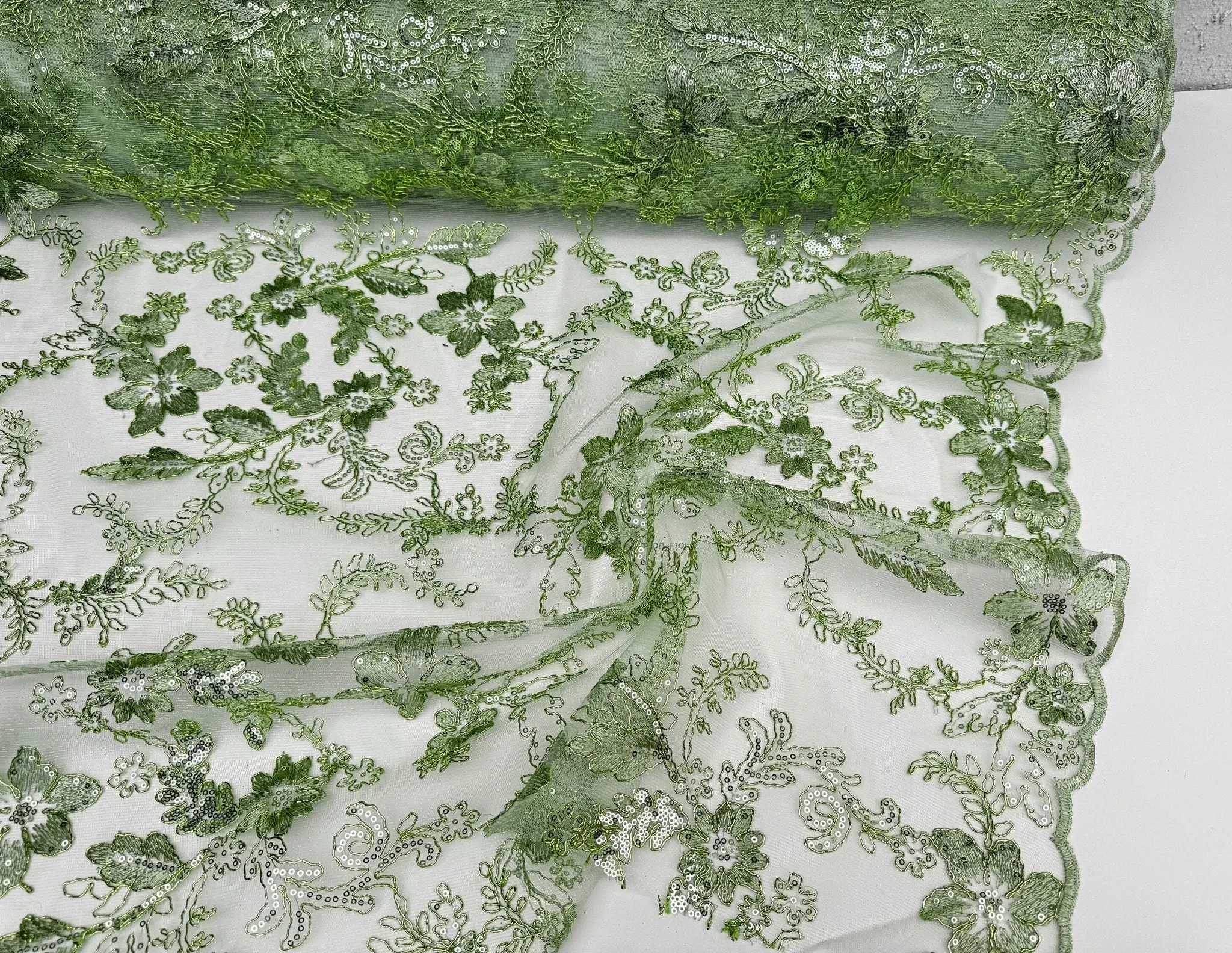 Sage Green Floral Lace Fabric by yard Embroidery Corded With Sequins Fabric Non Stretch Sequined Embroidered On Lace Bridal Wedding Gowns