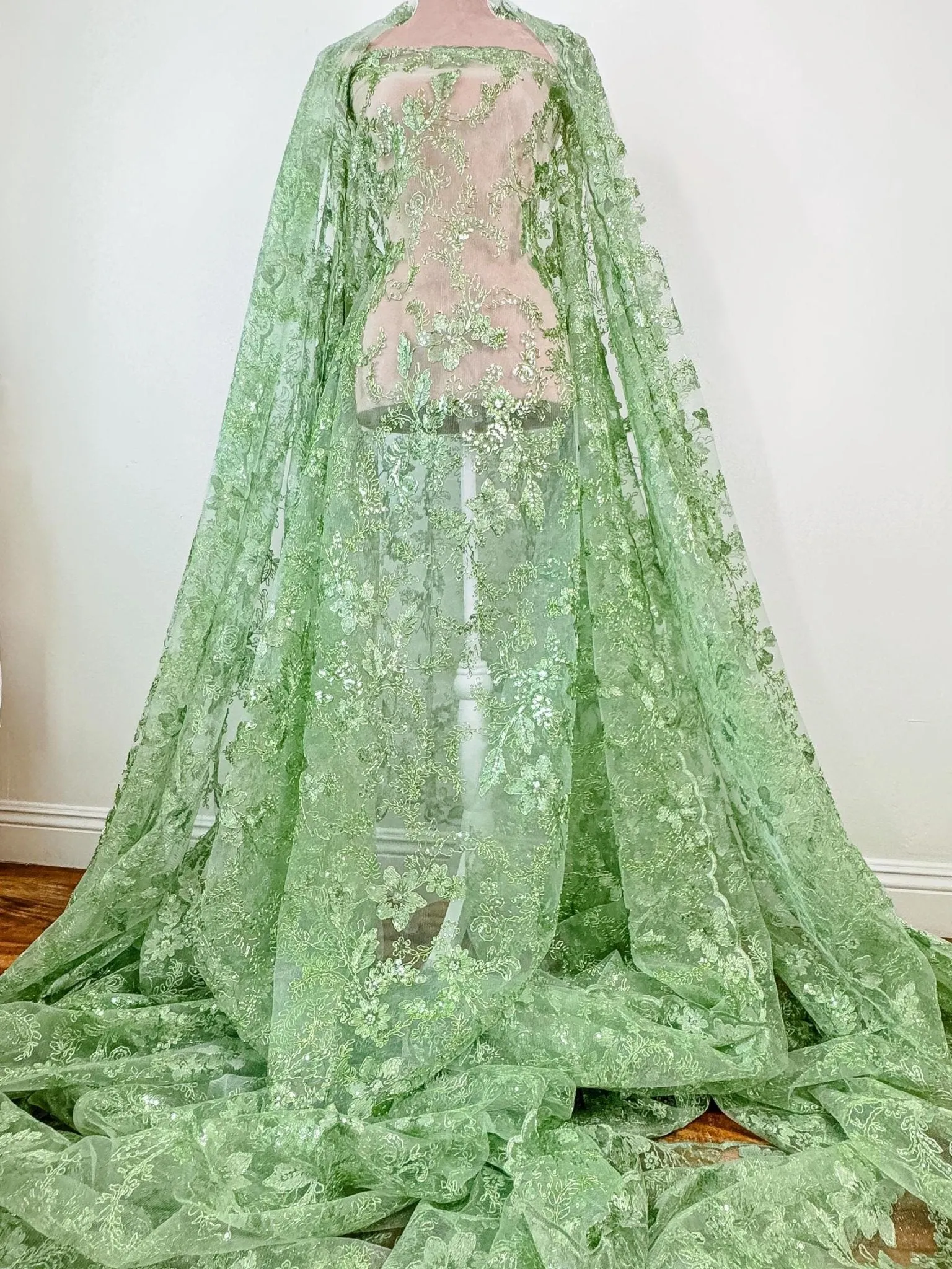 Sage Green Floral Lace Fabric by yard Embroidery Corded With Sequins Fabric Non Stretch Sequined Embroidered On Lace Bridal Wedding Gowns