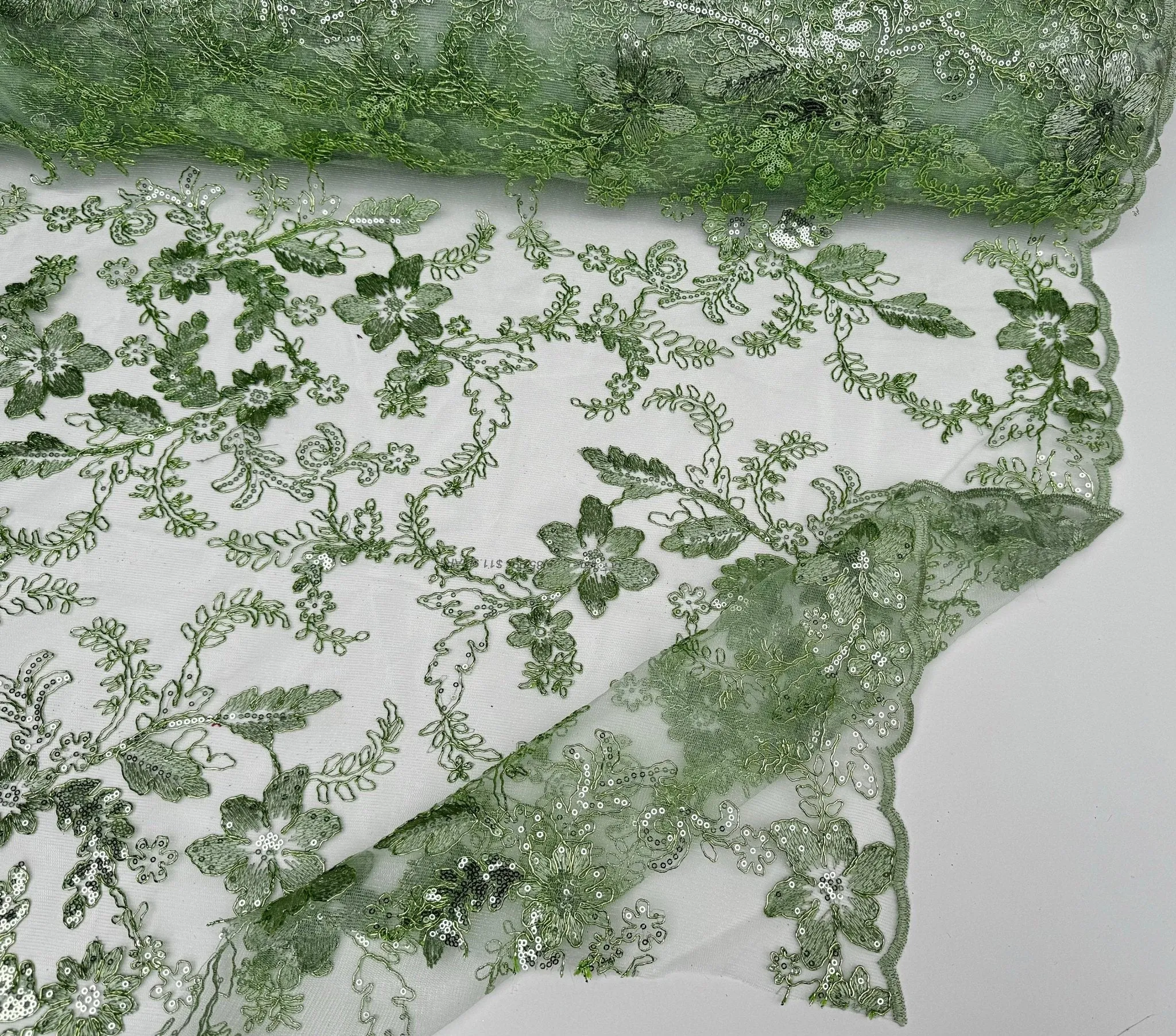 Sage Green Floral Lace Fabric by yard Embroidery Corded With Sequins Fabric Non Stretch Sequined Embroidered On Lace Bridal Wedding Gowns