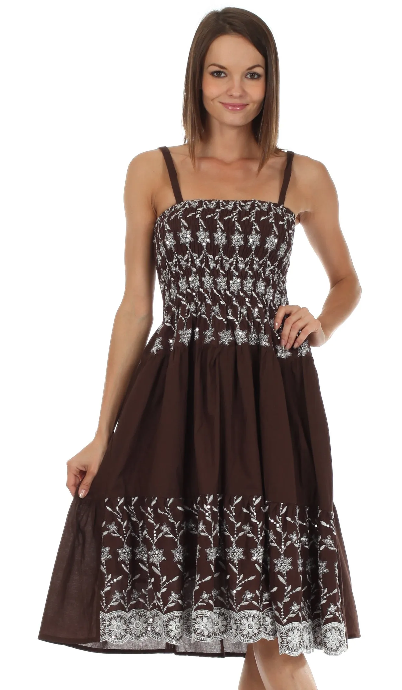 Sakkas Sequin Embroidered Smocked Bodice Knee Length Dress