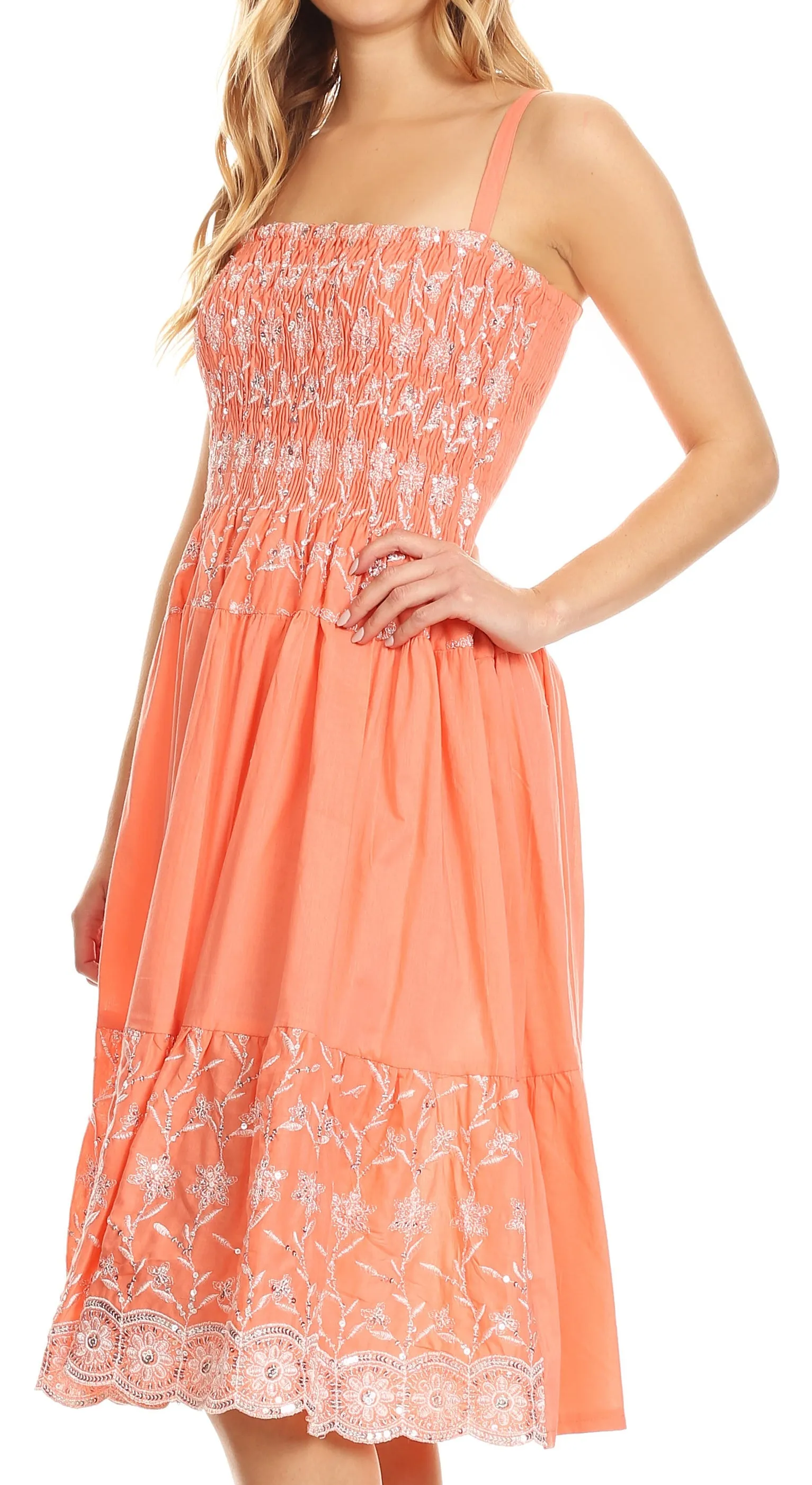 Sakkas Sequin Embroidered Smocked Bodice Knee Length Dress