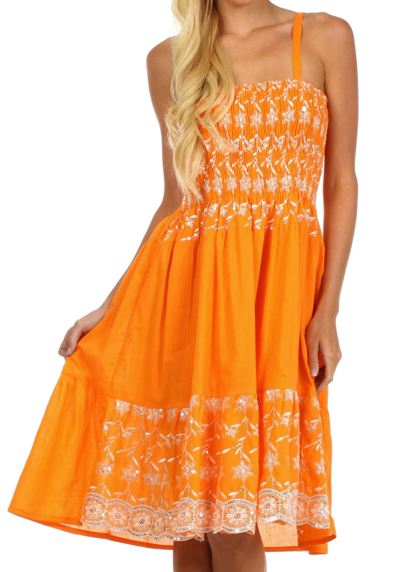 Sakkas Sequin Embroidered Smocked Bodice Knee Length Dress