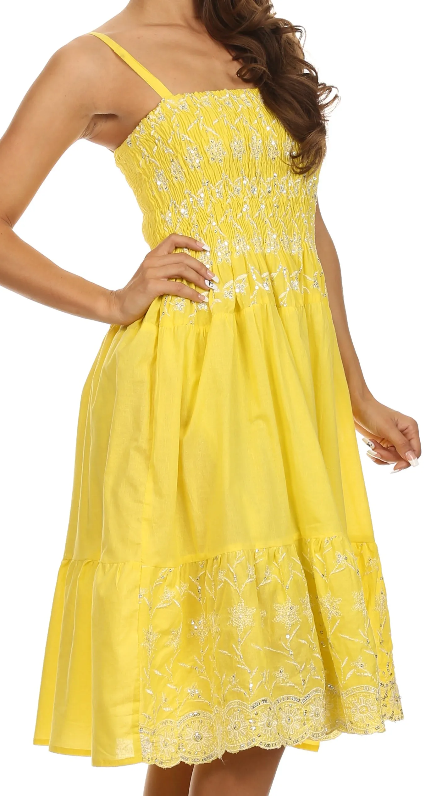 Sakkas Sequin Embroidered Smocked Bodice Knee Length Dress