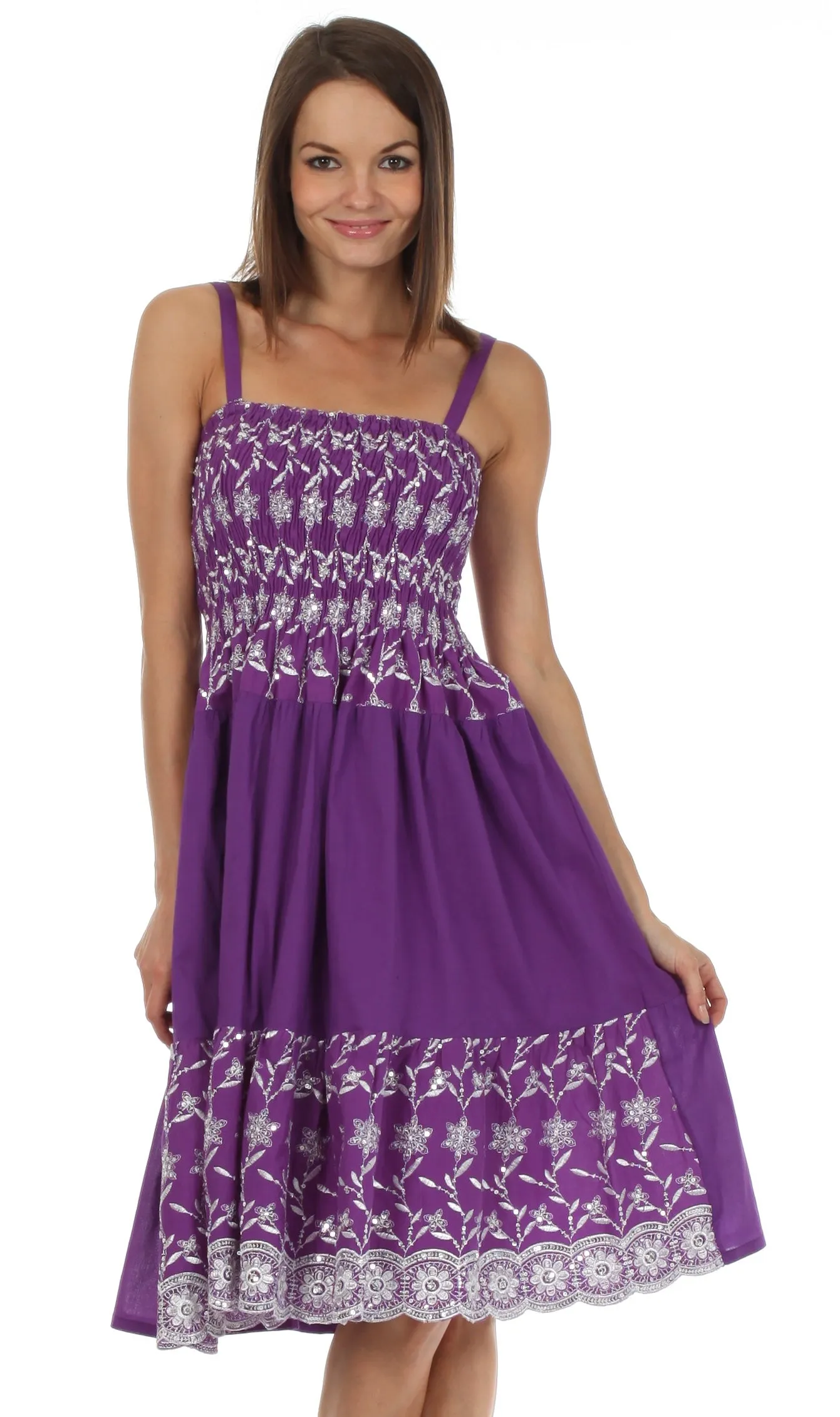 Sakkas Sequin Embroidered Smocked Bodice Knee Length Dress