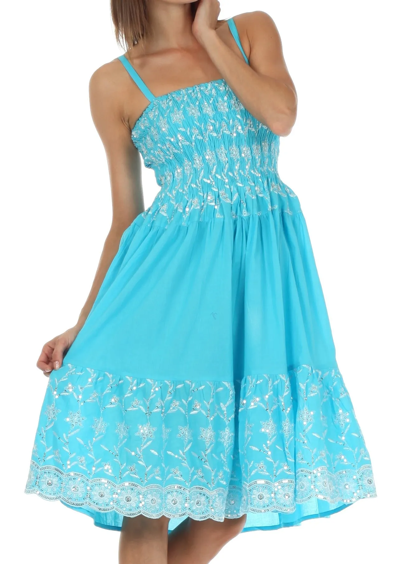 Sakkas Sequin Embroidered Smocked Bodice Knee Length Dress