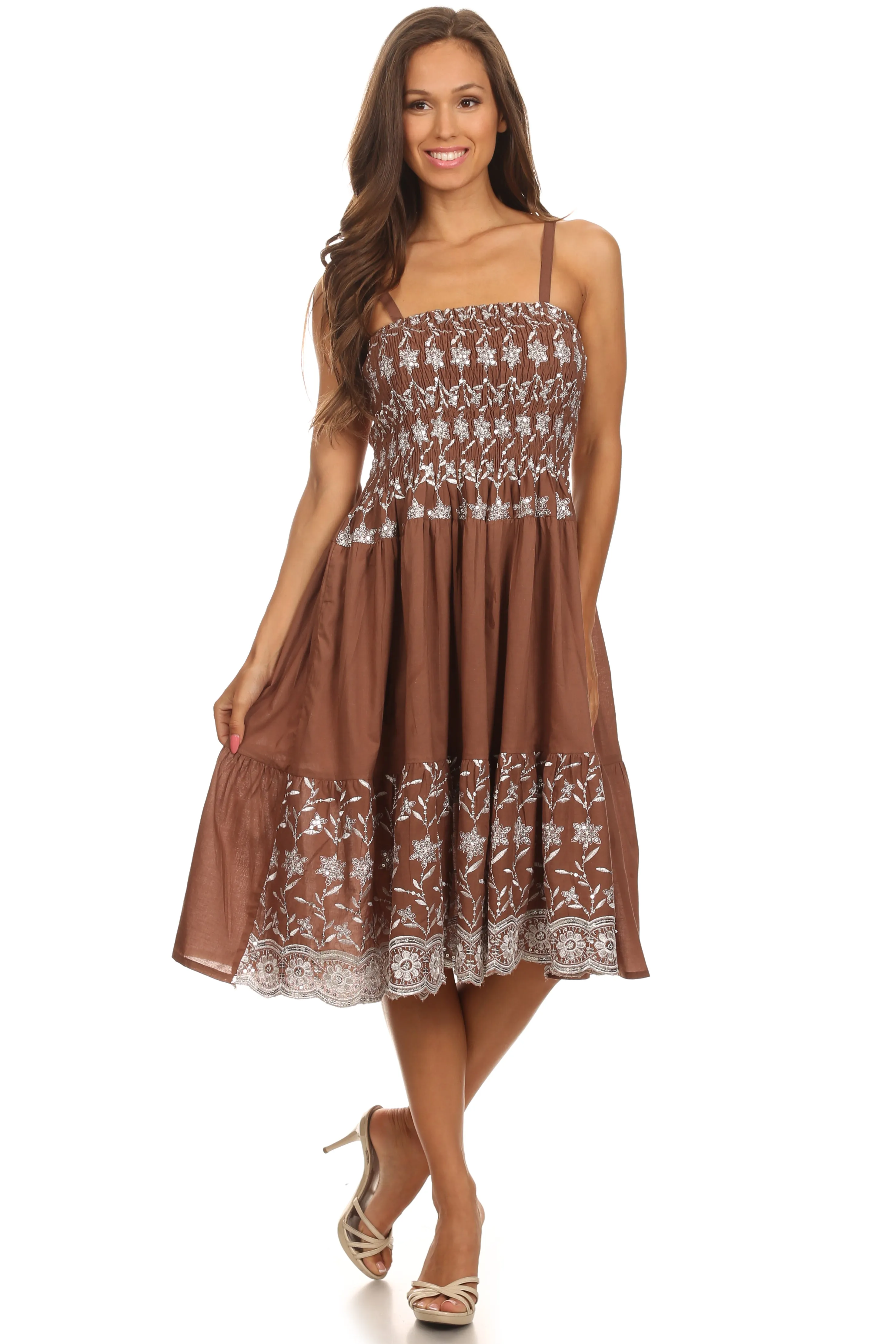 Sakkas Sequin Embroidered Smocked Bodice Knee Length Dress