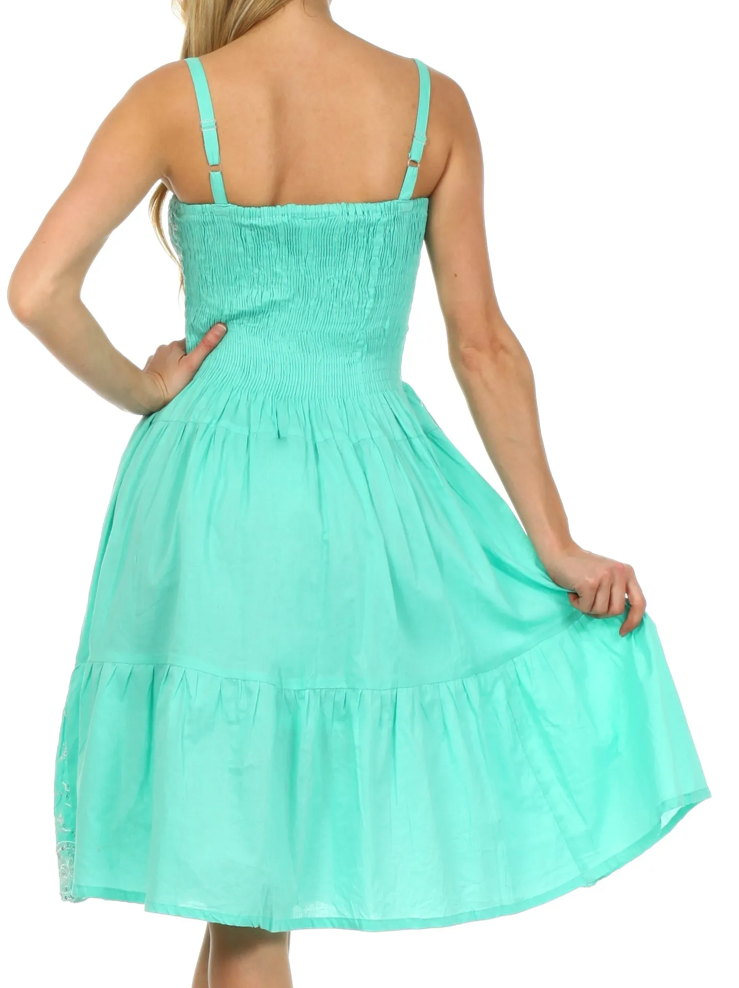 Sakkas Sequin Embroidered Smocked Bodice Knee Length Dress