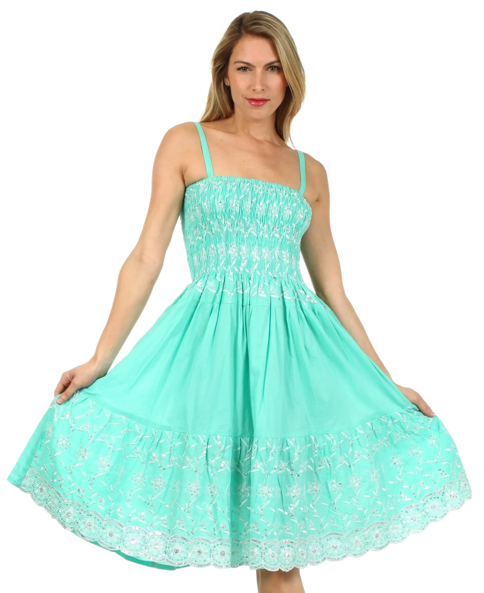 Sakkas Sequin Embroidered Smocked Bodice Knee Length Dress