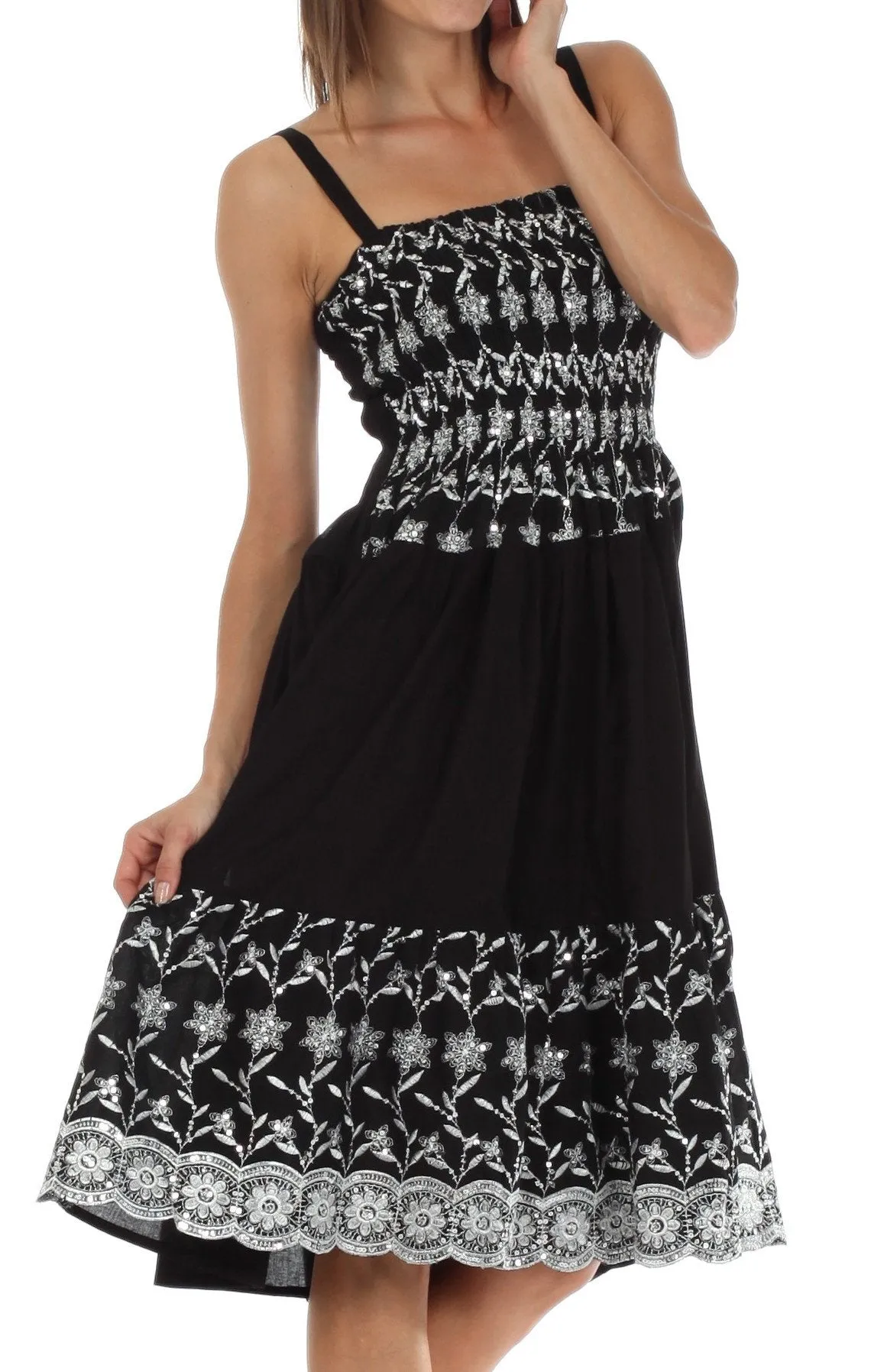 Sakkas Sequin Embroidered Smocked Bodice Knee Length Dress