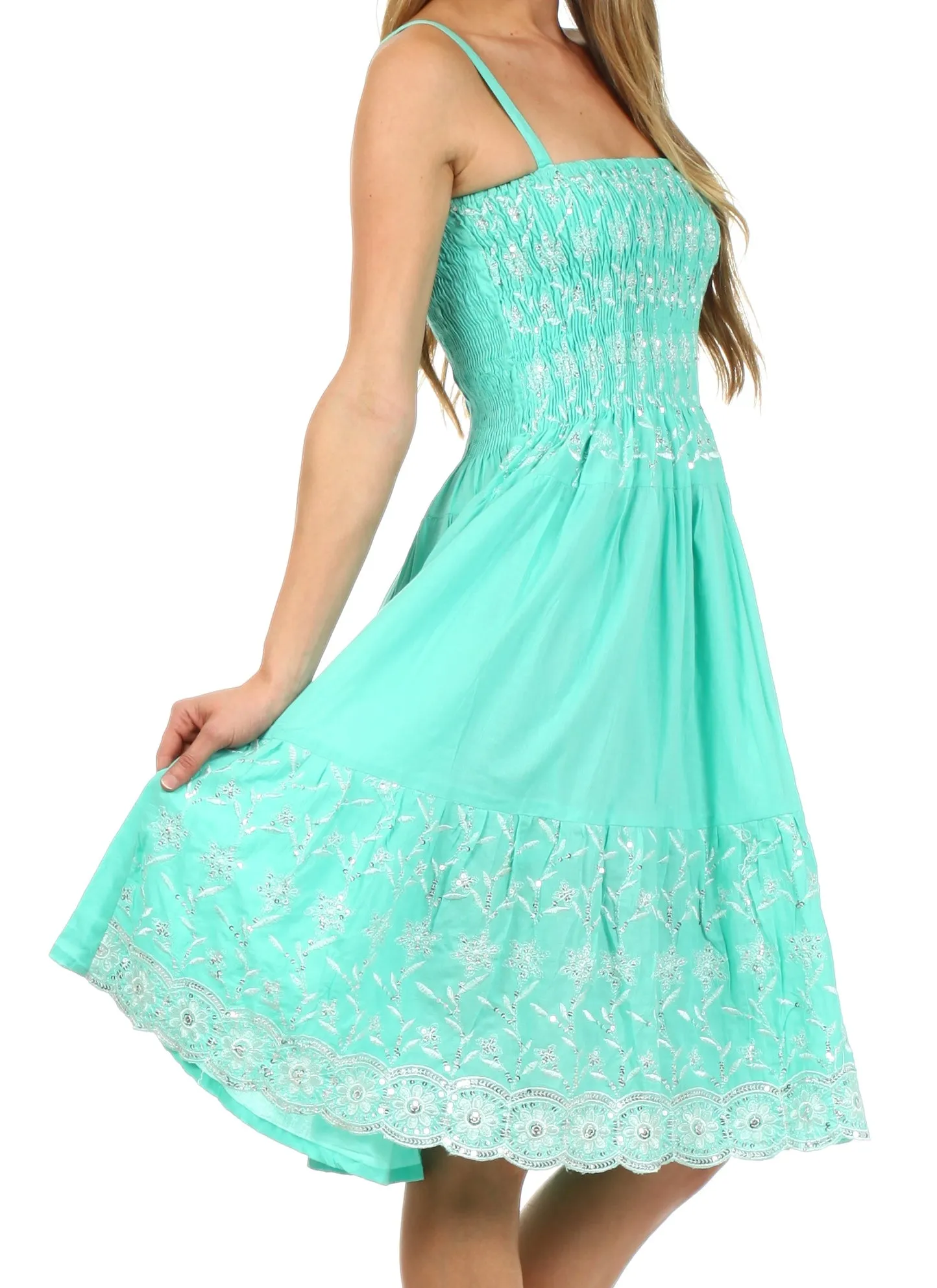 Sakkas Sequin Embroidered Smocked Bodice Knee Length Dress