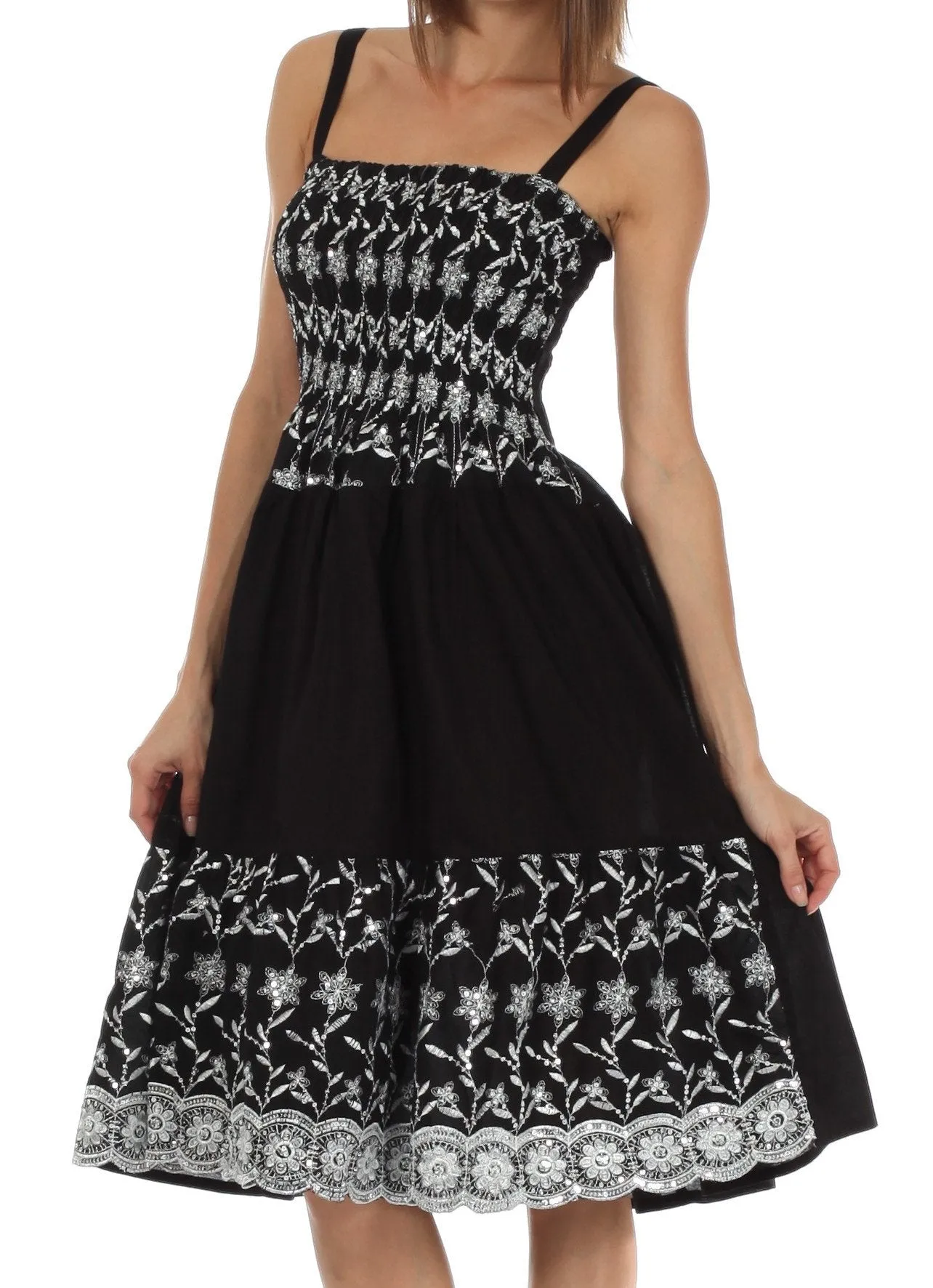 Sakkas Sequin Embroidered Smocked Bodice Knee Length Dress