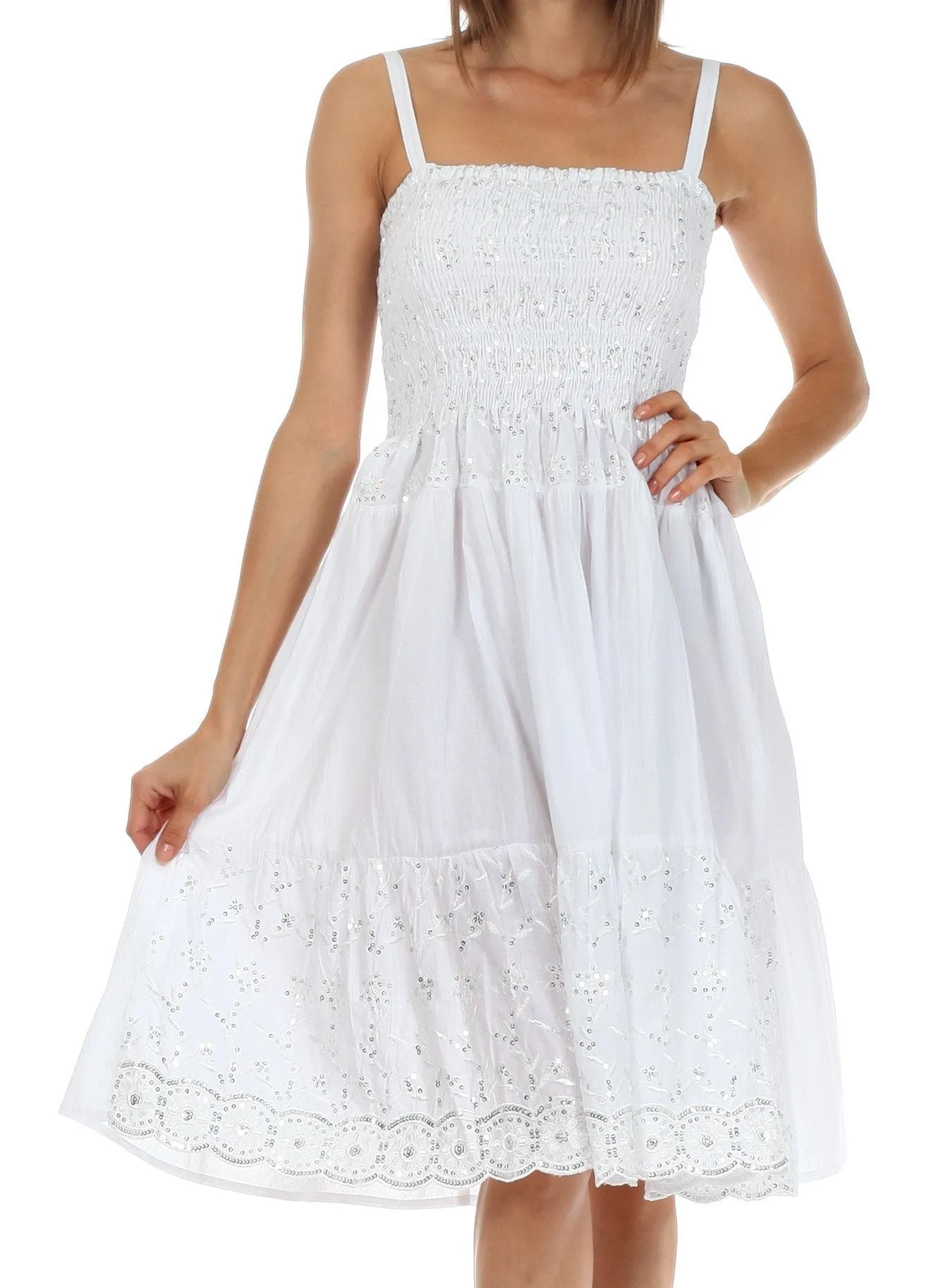 Sakkas Sequin Embroidered Smocked Bodice Knee Length Dress