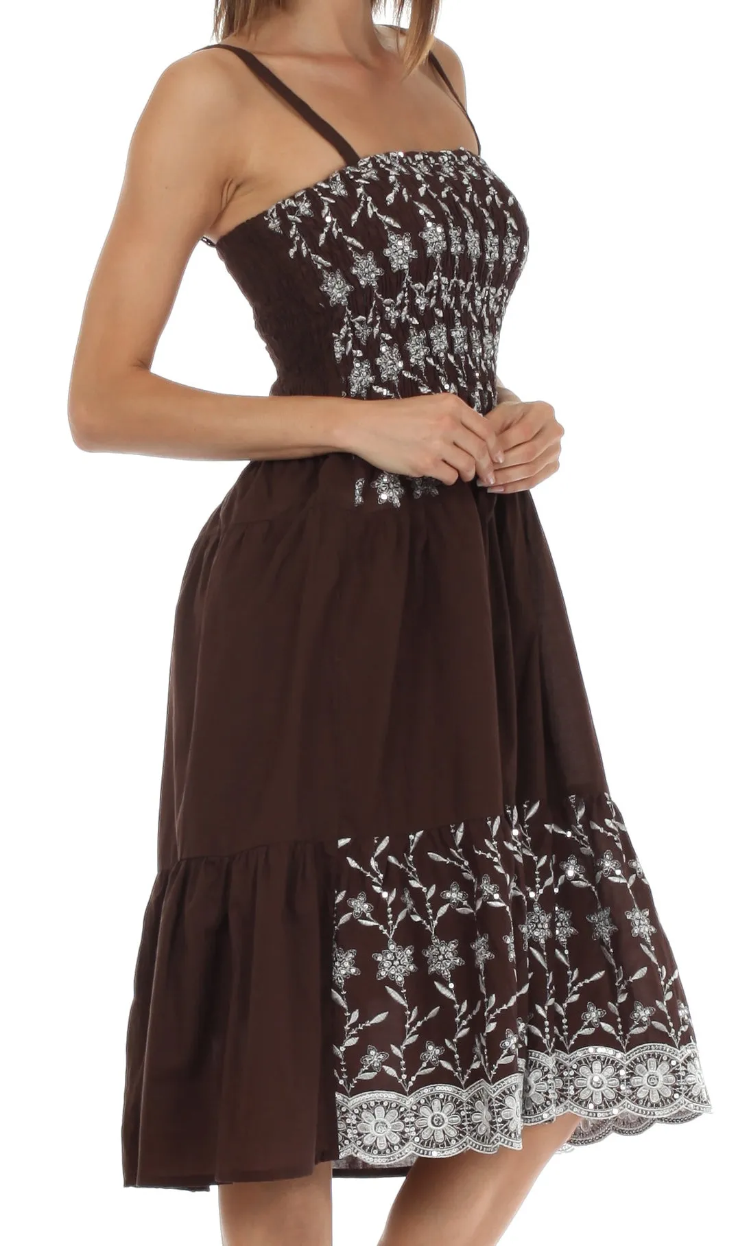Sakkas Sequin Embroidered Smocked Bodice Knee Length Dress