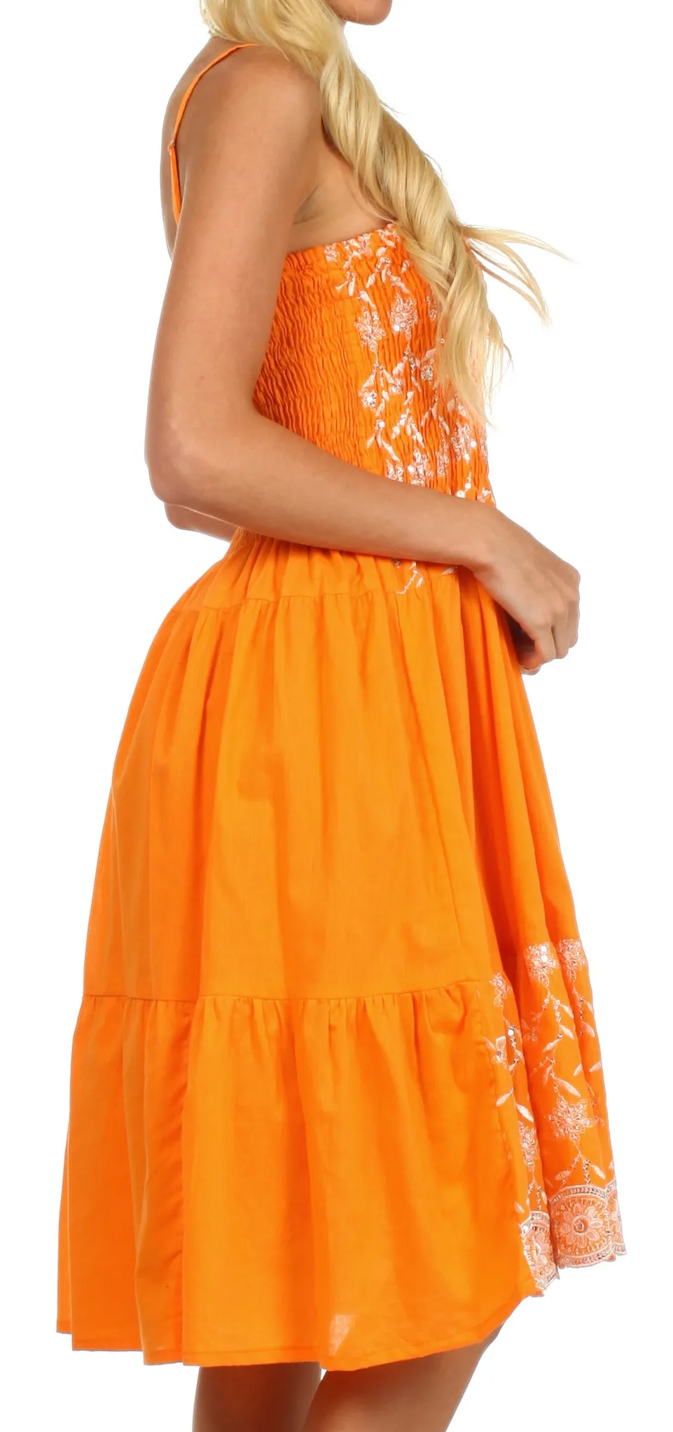 Sakkas Sequin Embroidered Smocked Bodice Knee Length Dress