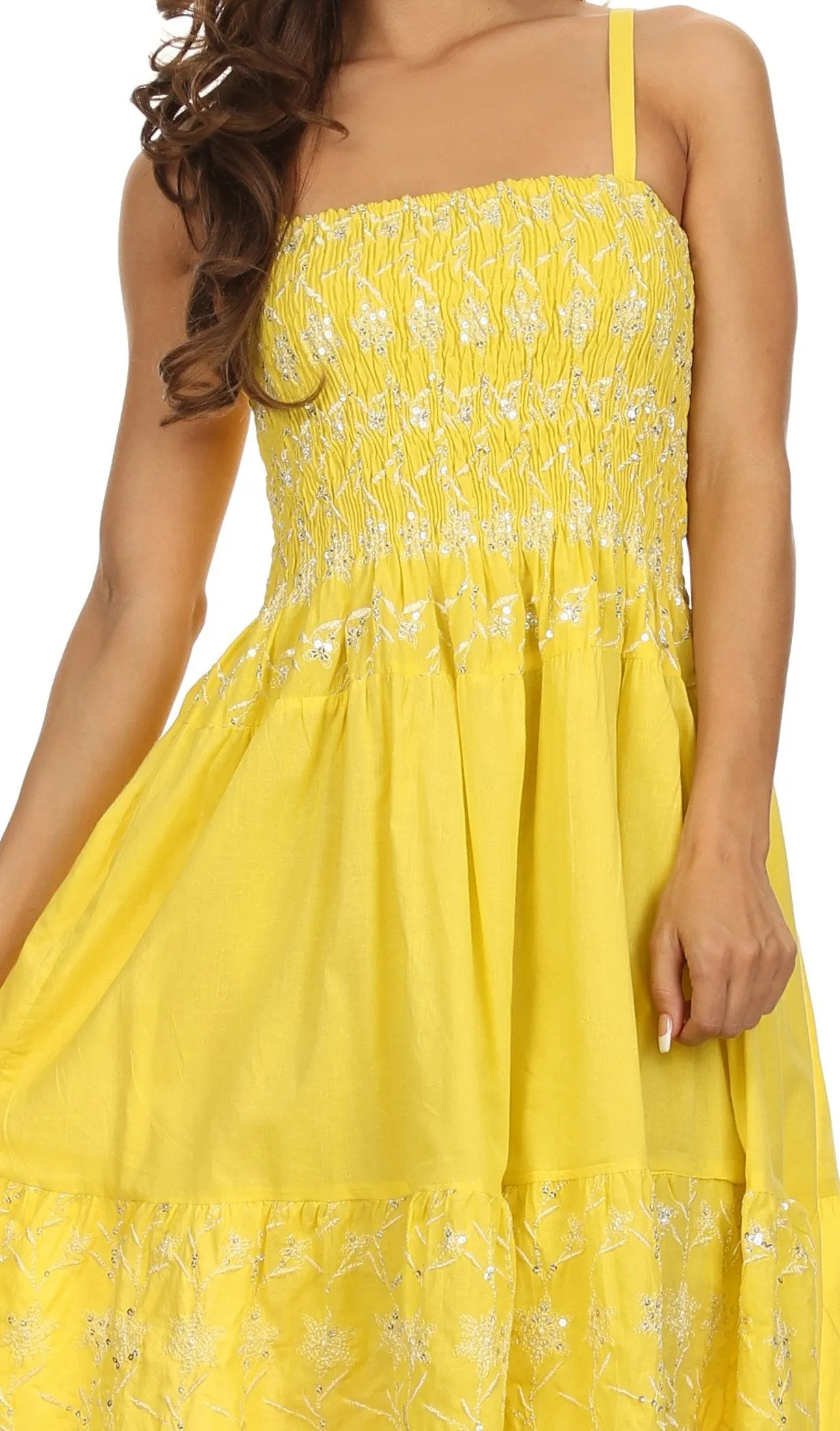 Sakkas Sequin Embroidered Smocked Bodice Knee Length Dress