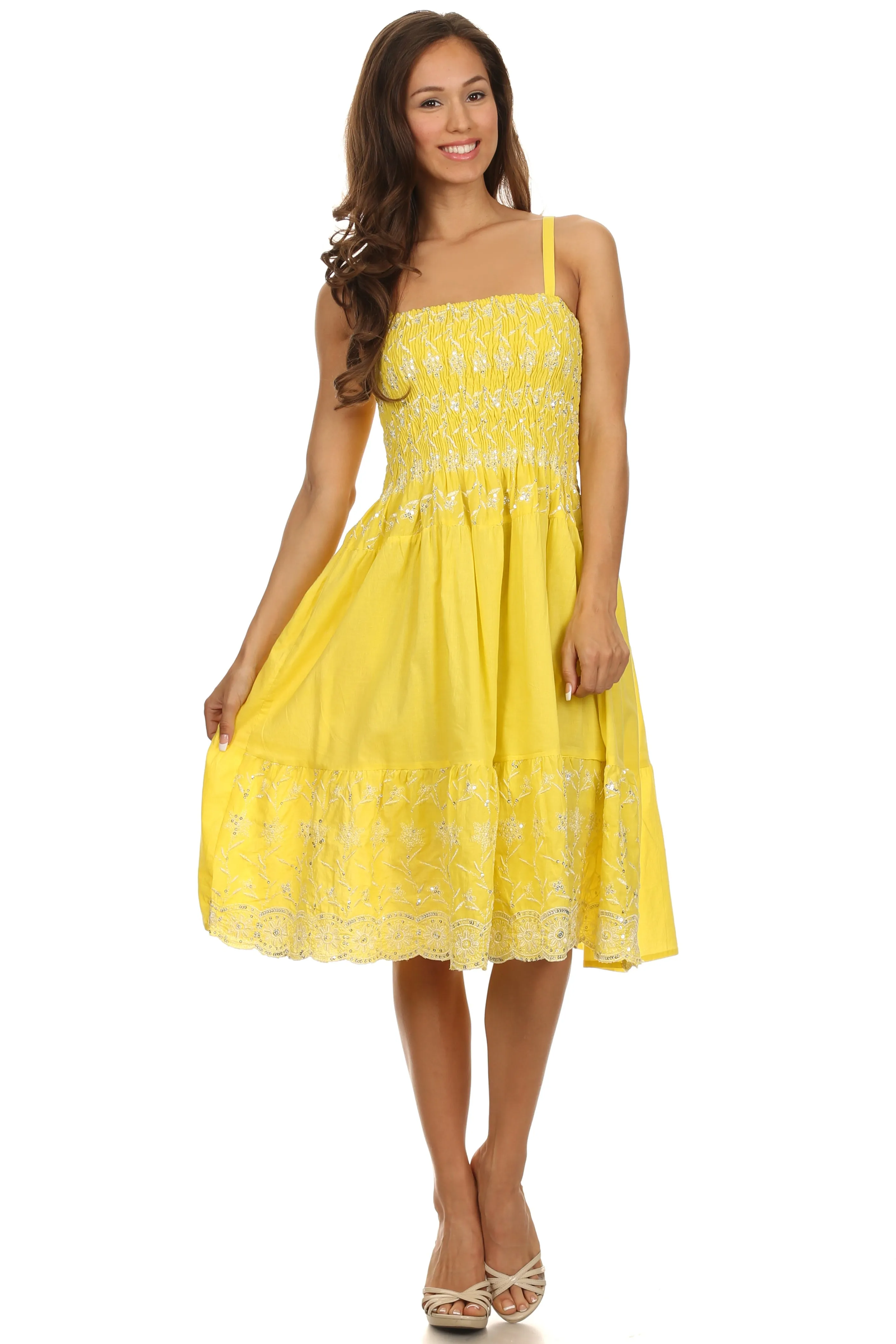 Sakkas Sequin Embroidered Smocked Bodice Knee Length Dress