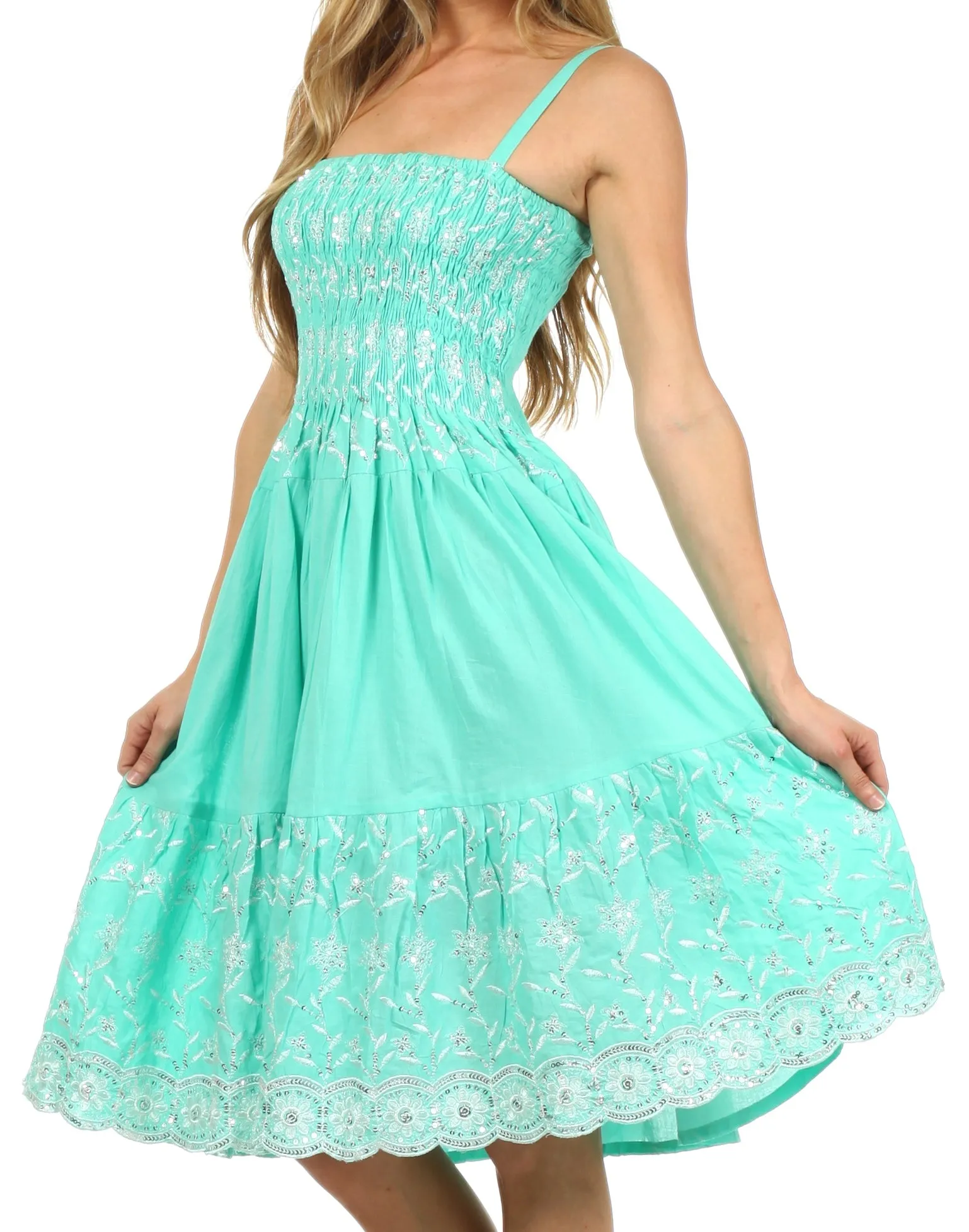 Sakkas Sequin Embroidered Smocked Bodice Knee Length Dress