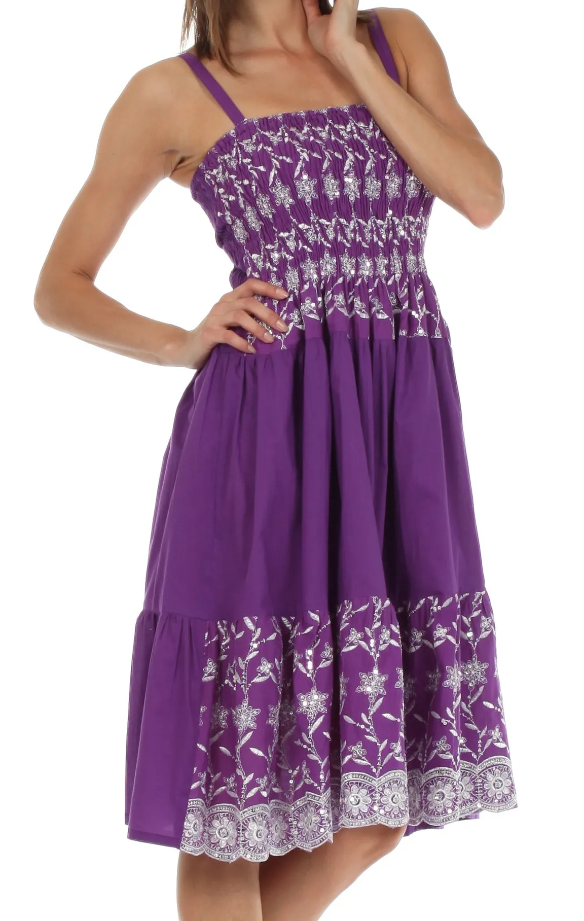Sakkas Sequin Embroidered Smocked Bodice Knee Length Dress