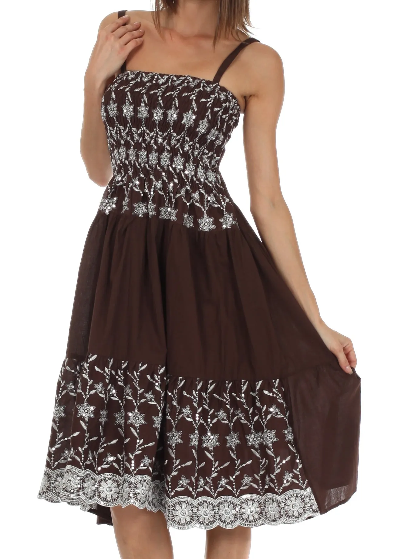 Sakkas Sequin Embroidered Smocked Bodice Knee Length Dress