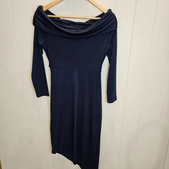 Sam Edelman Off the Shoulder Long Sleeve Midi Body-Con Dress Women's Size 6 Navy
