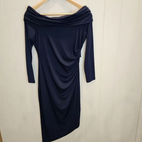 Sam Edelman Off the Shoulder Long Sleeve Midi Body-Con Dress Women's Size 6 Navy
