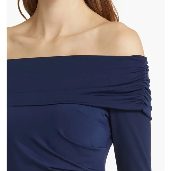 Sam Edelman Off the Shoulder Long Sleeve Midi Body-Con Dress Women's Size 6 Navy