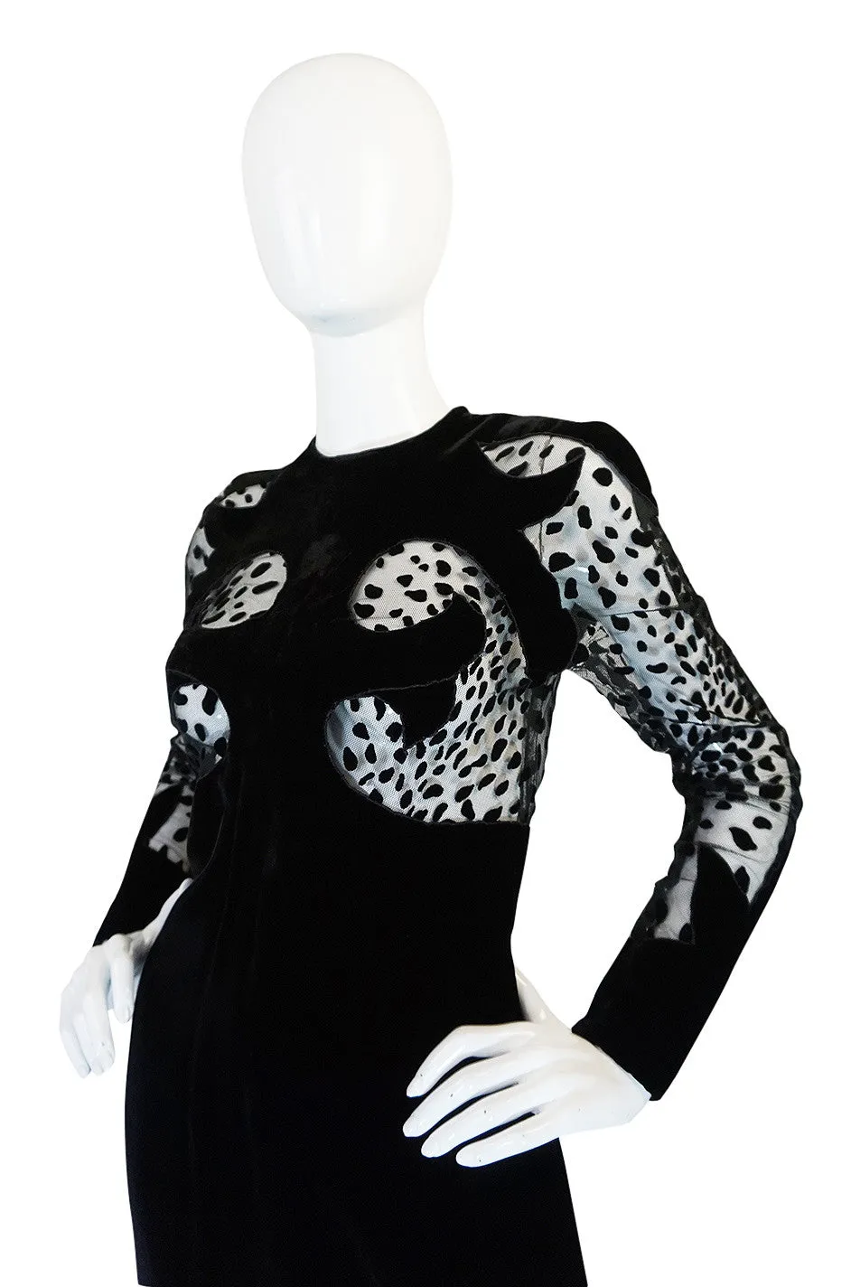 Scandalous 1980s Balmain Sheer Net & Velvet Cut Out Dress