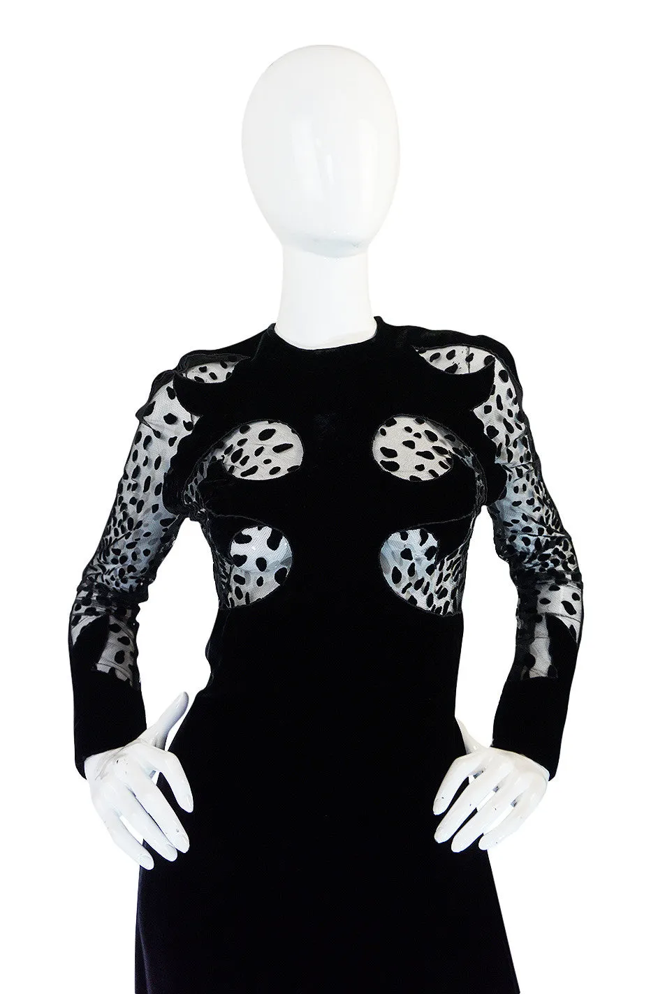 Scandalous 1980s Balmain Sheer Net & Velvet Cut Out Dress
