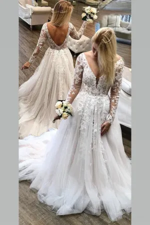 See-through Lace Long Sleeves Wedding Gowns Tulle Skirt