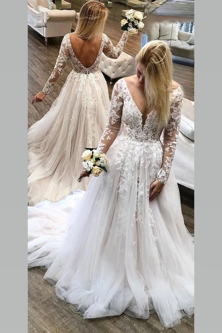 See-through Lace Long Sleeves Wedding Gowns Tulle Skirt