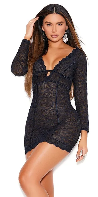 Sexy All Night Eyelash Lace Long Sleeve Empire Dress Black