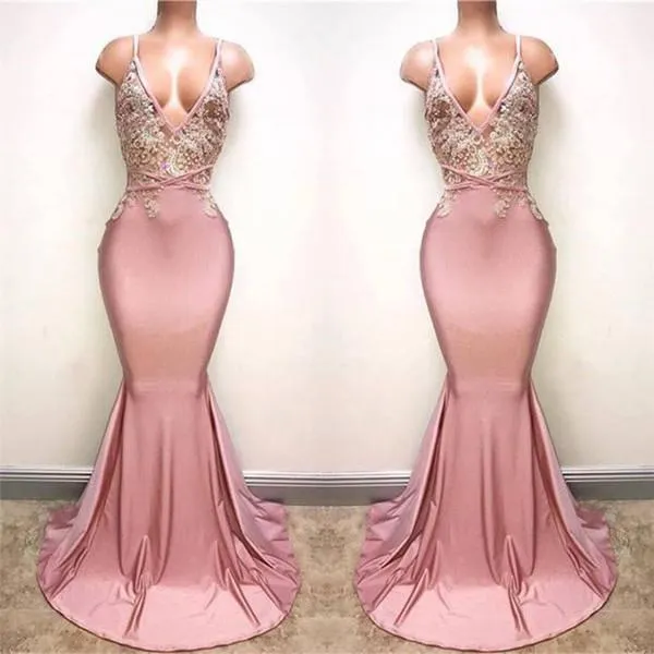 sexy formal dresses long 2020 dusty pink evening dresses lace appliqué beaded mermaid elegant evening gown