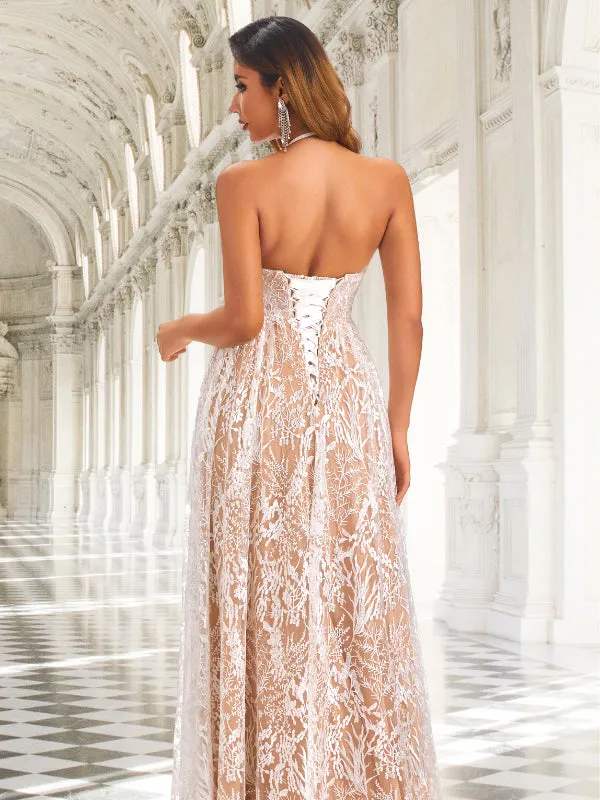Sexy Halter Sleeveless Lace-up Back A-line Lace Long Wedding Dress, WD3090