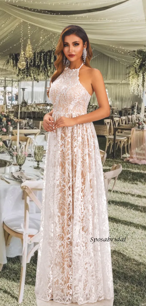 Sexy Halter Sleeveless Lace-up Back A-line Lace Long Wedding Dress, WD3090