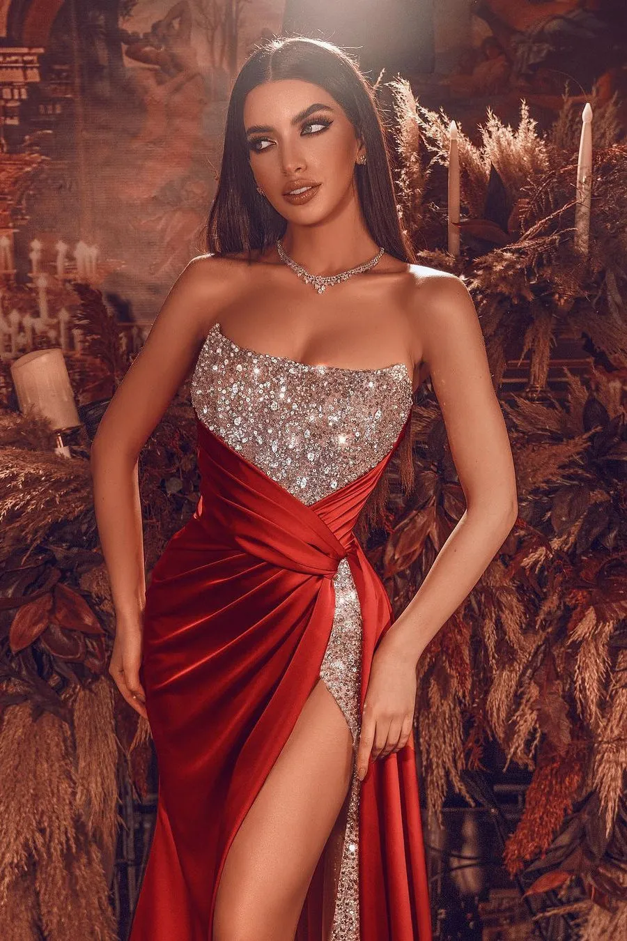 Sexy Red Front Slit Chiffon Evening Dress Strapless Sequins Long