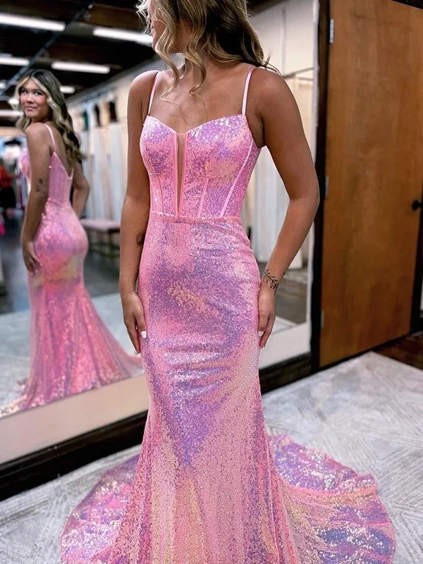 Sheath/Column Sequins Spaghetti Straps Sleeveless Court Train Dresses